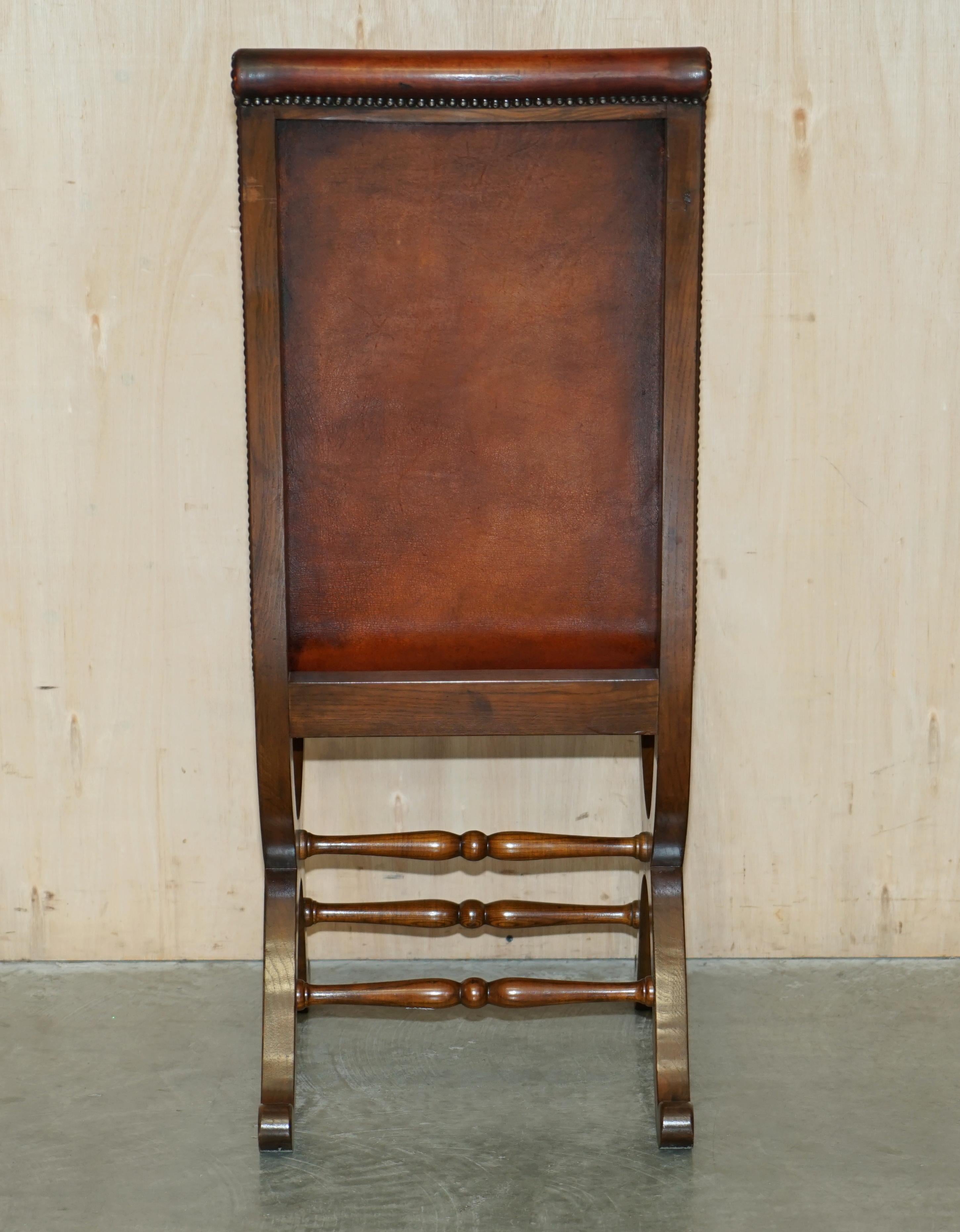 Six Restored Brown Leather & Oak Spanish Pierre Lottier Alamazan Dining Chairs 6 For Sale 9