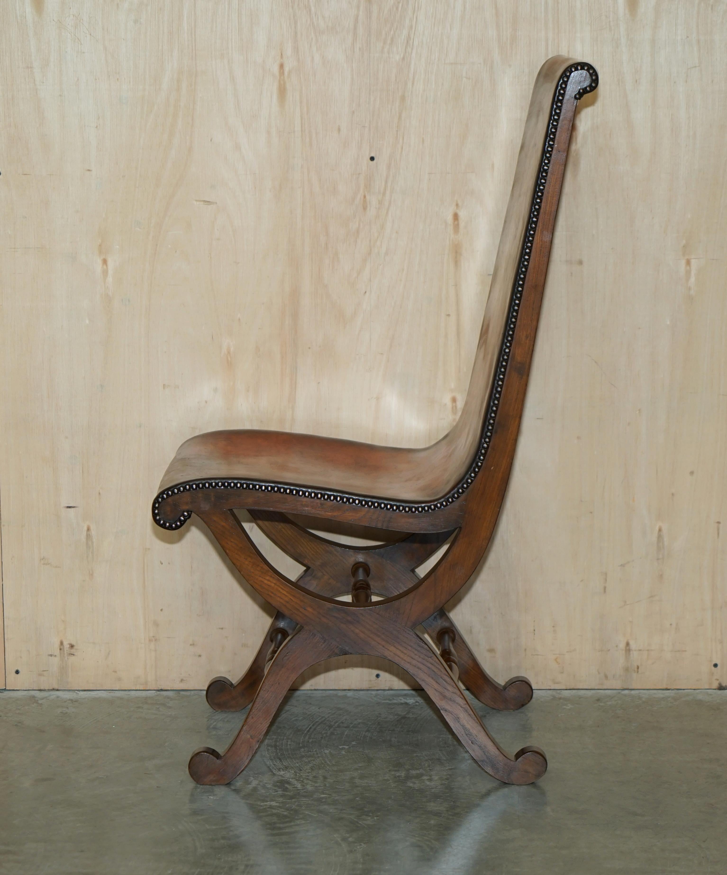 Six Restored Brown Leather & Oak Spanish Pierre Lottier Alamazan Dining Chairs 6 For Sale 10