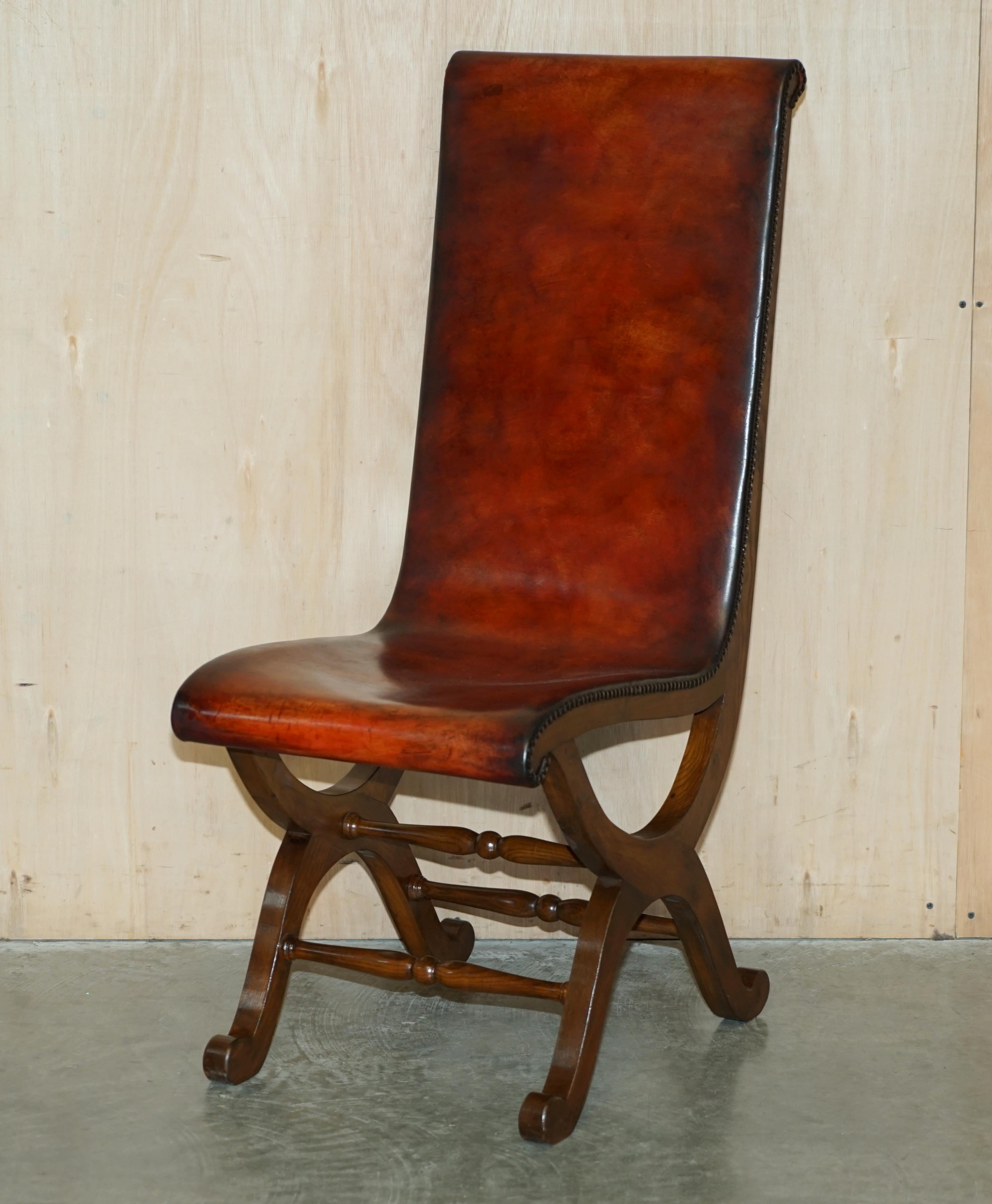 Six Restored Brown Leather & Oak Spanish Pierre Lottier Alamazan Dining Chairs 6 For Sale 11