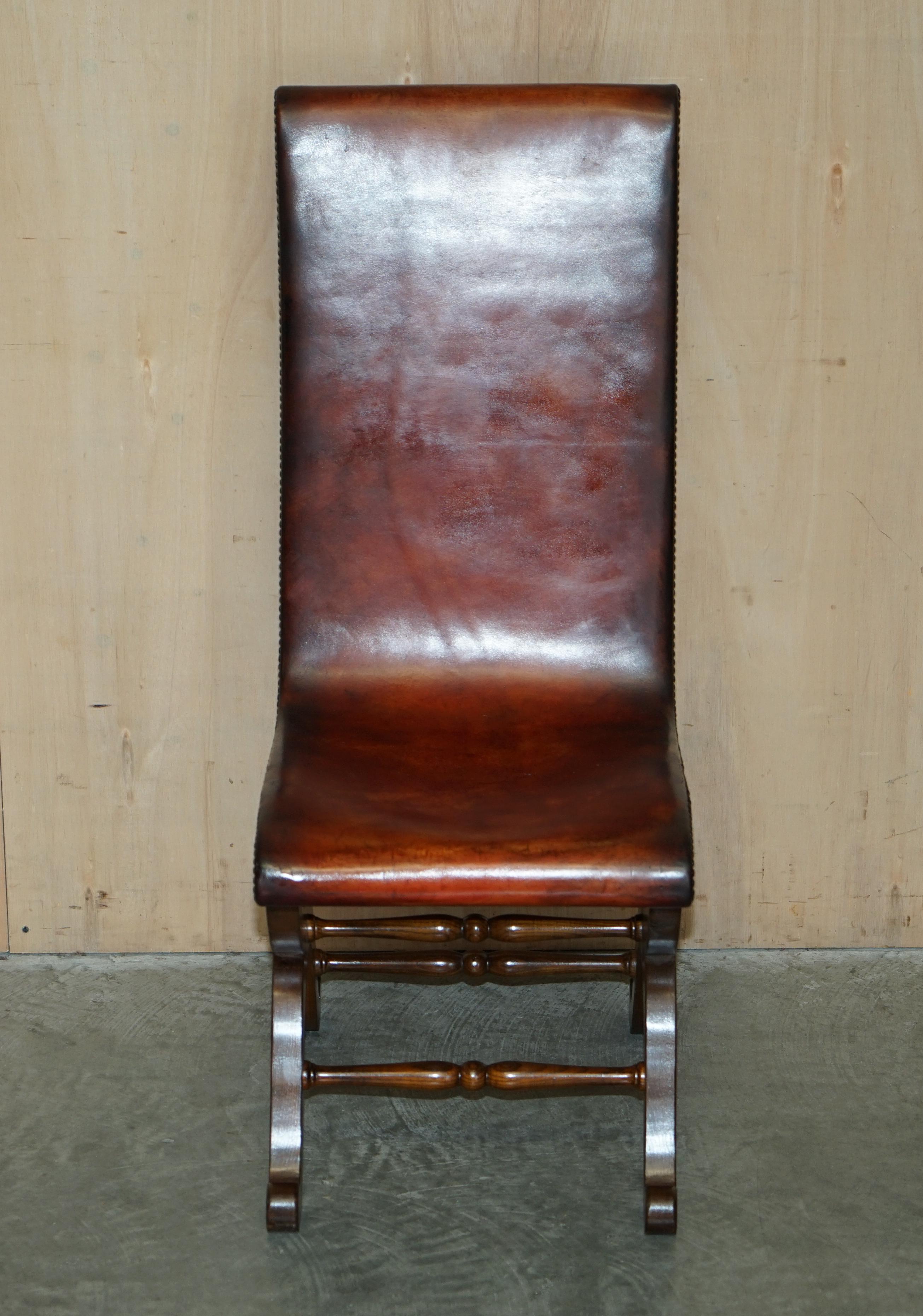 Six Restored Brown Leather & Oak Spanish Pierre Lottier Alamazan Dining Chairs 6 For Sale 12
