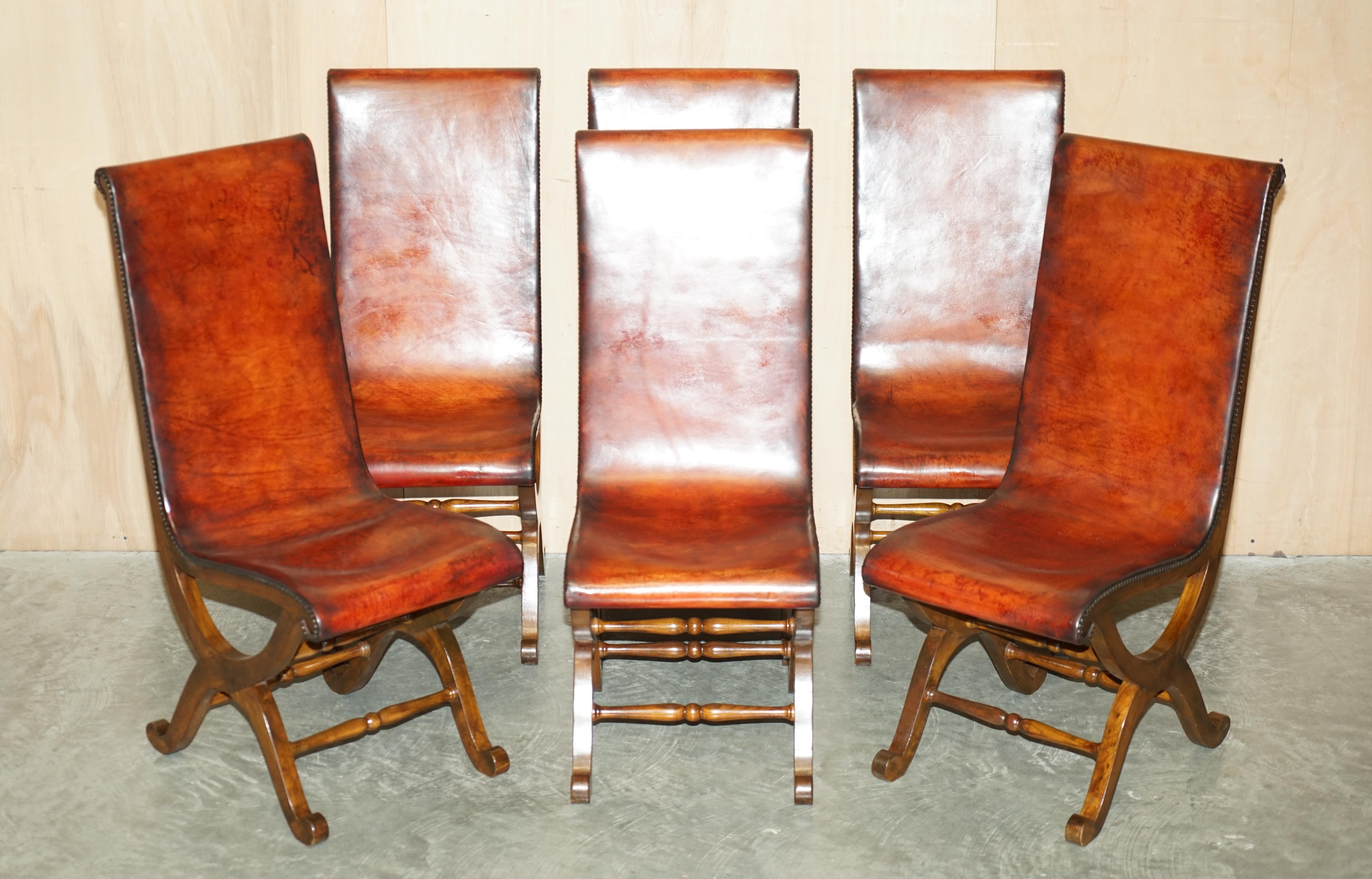 We are delighted to offer for sale this stunning suite of six fully restored Spanish Dining chairs designed by Pierre Lottier and retailed through Alamazan 

These are the only suite of these chairs in the entire world that have this colour