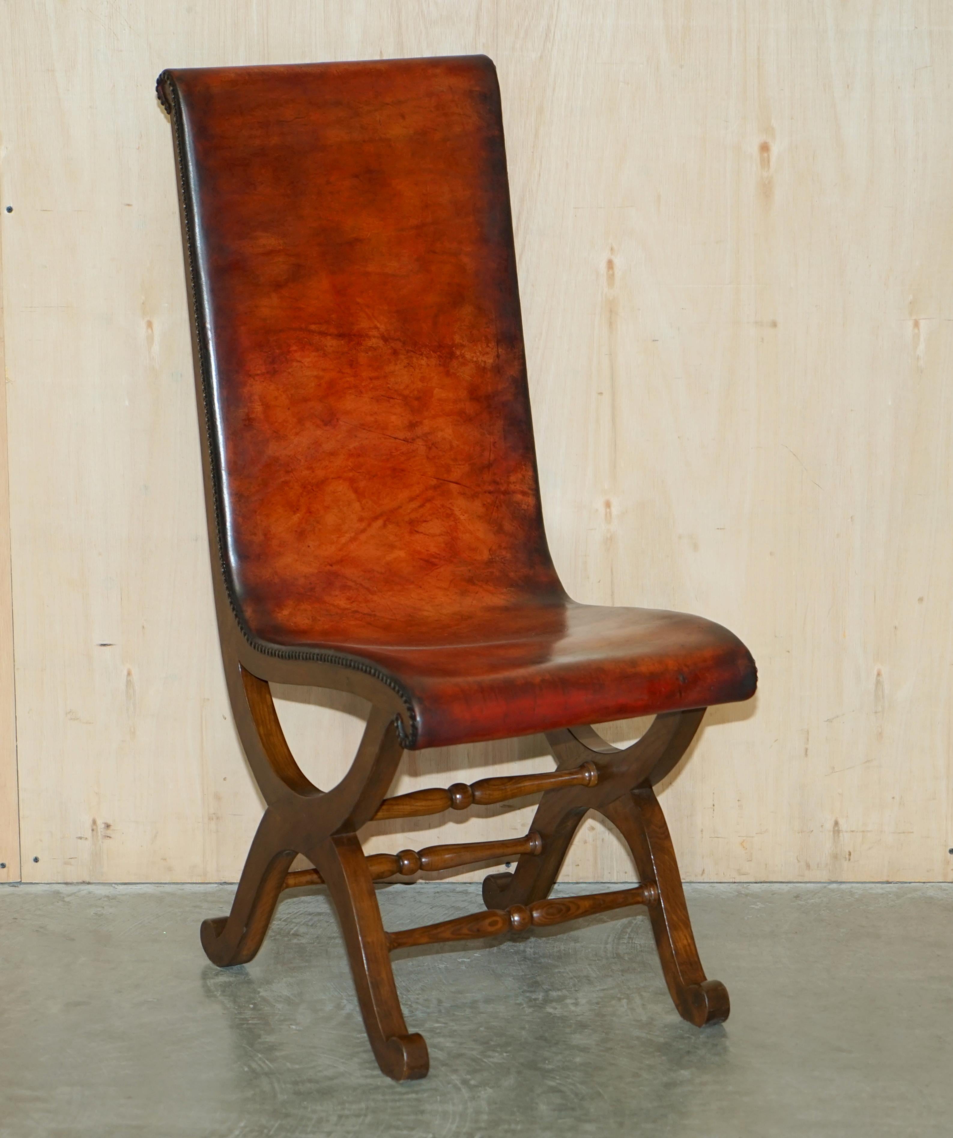 Mid-Century Modern Six Restored Brown Leather & Oak Spanish Pierre Lottier Alamazan Dining Chairs 6 For Sale