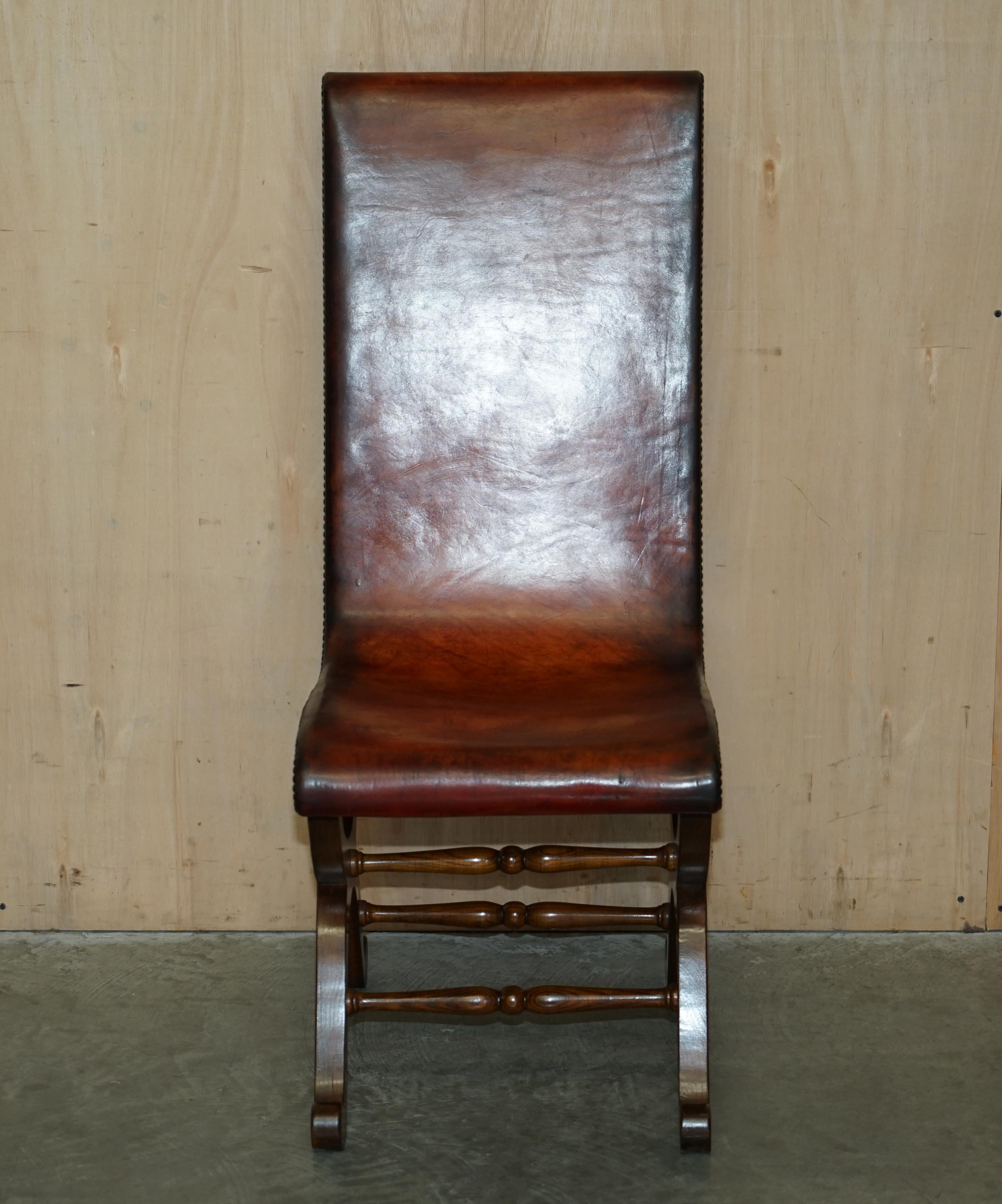 Hand-Crafted Six Restored Brown Leather & Oak Spanish Pierre Lottier Alamazan Dining Chairs 6 For Sale