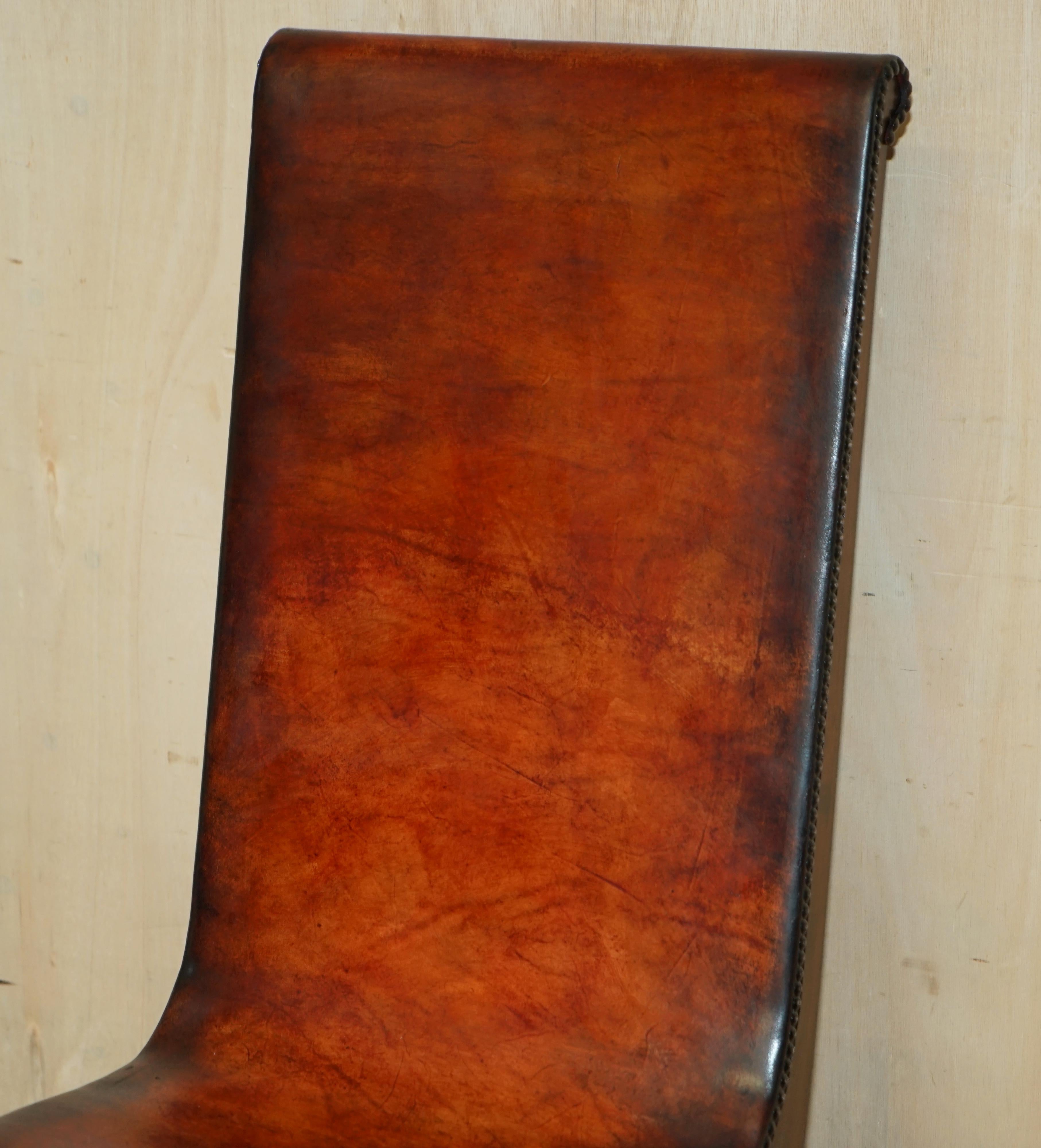 20th Century Six Restored Brown Leather & Oak Spanish Pierre Lottier Alamazan Dining Chairs 6 For Sale