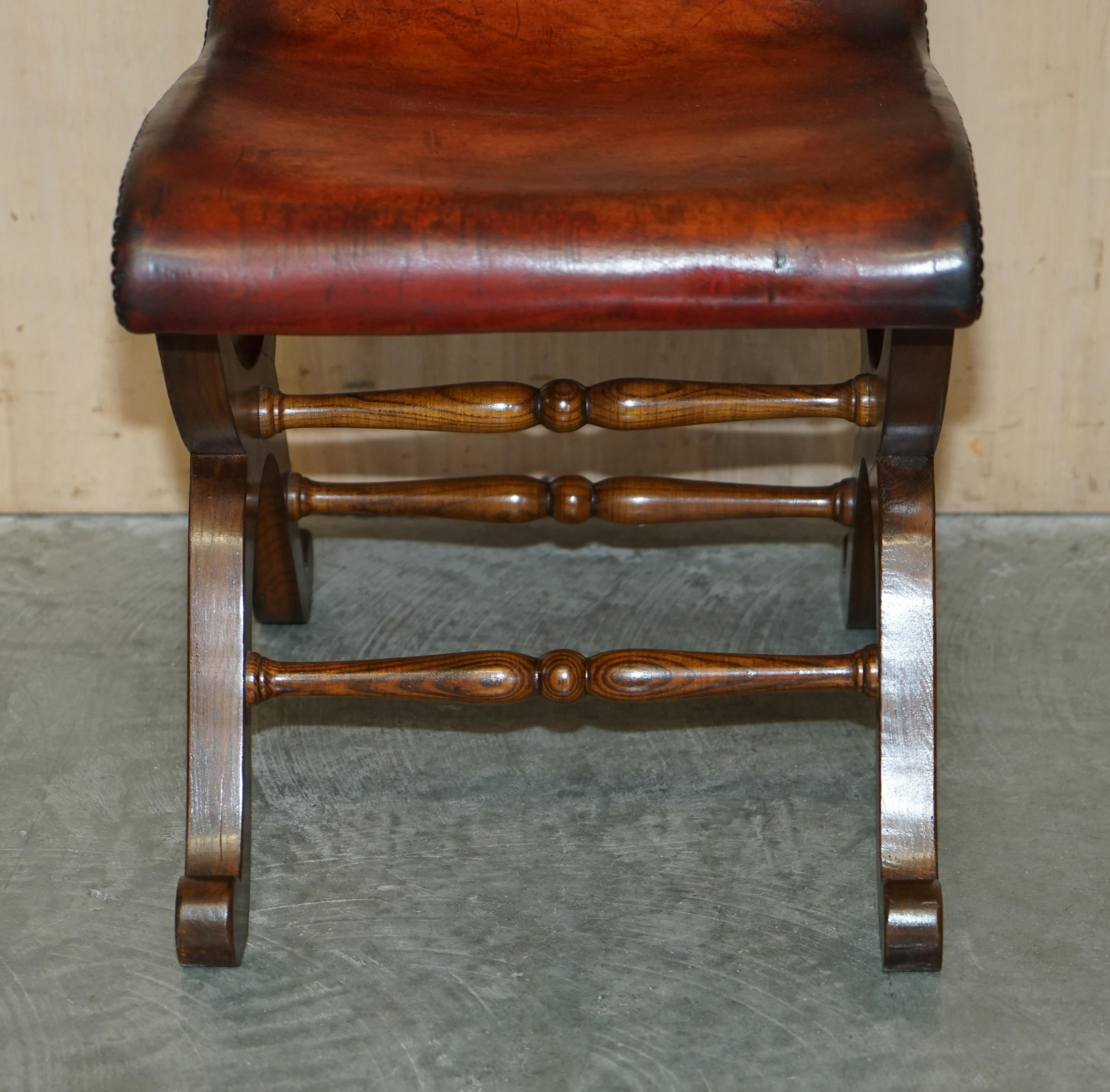 Six Restored Brown Leather & Oak Spanish Pierre Lottier Alamazan Dining Chairs 6 For Sale 2