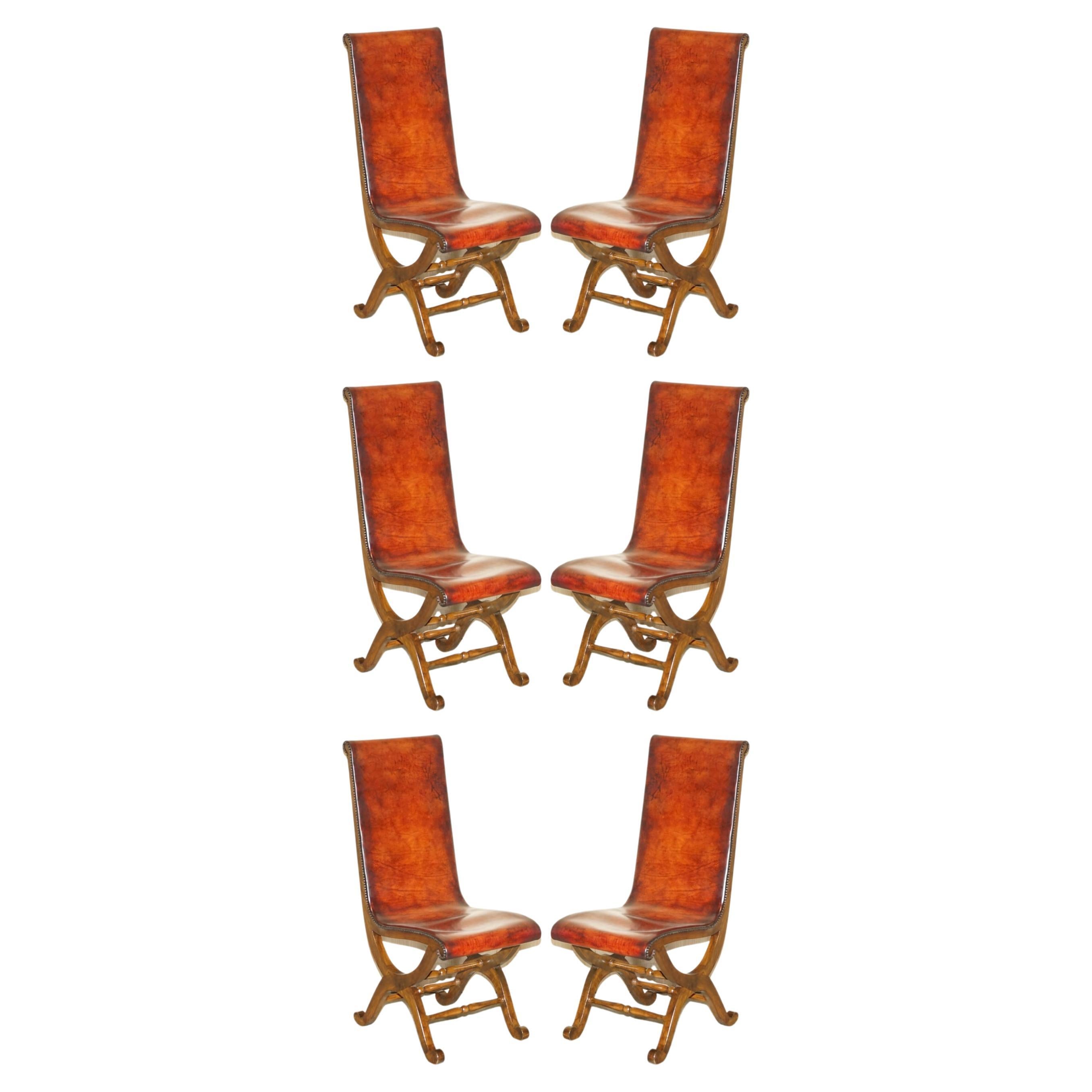 Six Restored Brown Leather & Oak Spanish Pierre Lottier Alamazan Dining Chairs 6 For Sale