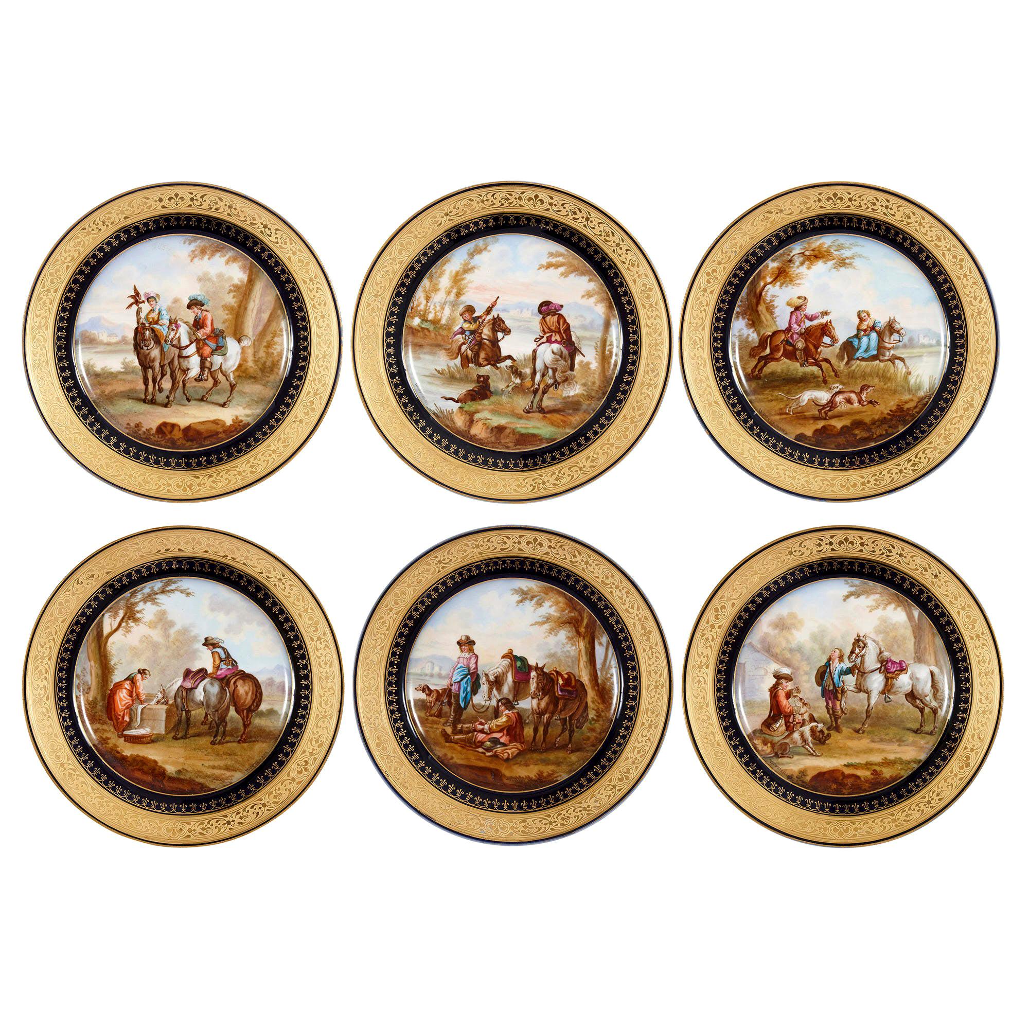 Sechs Porzellanteller im Stil des Rokoko von Sèvres