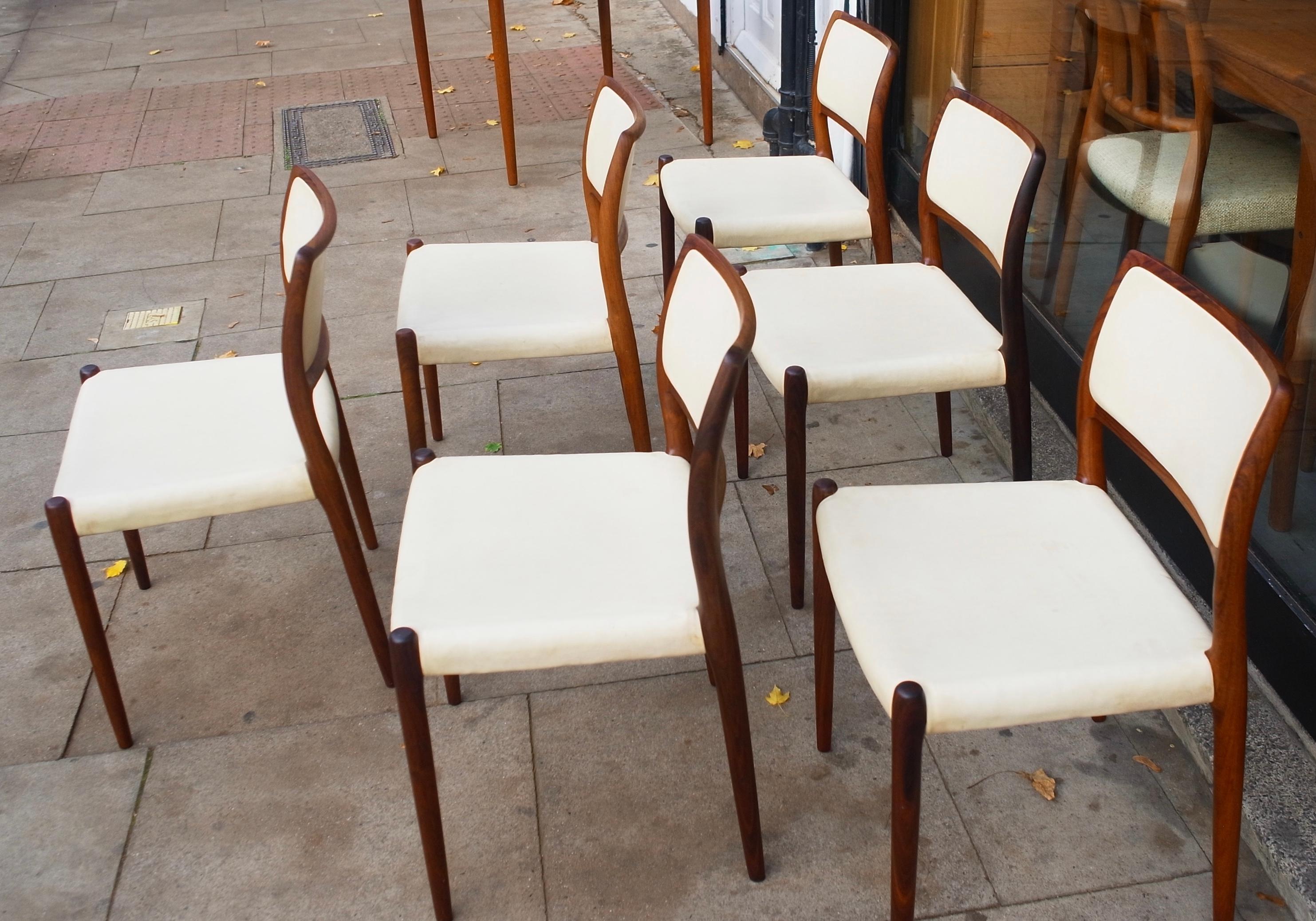 Danish Six hardwood Niels Moller Model 80 Chairs, with cream vinyl upholstery  For Sale