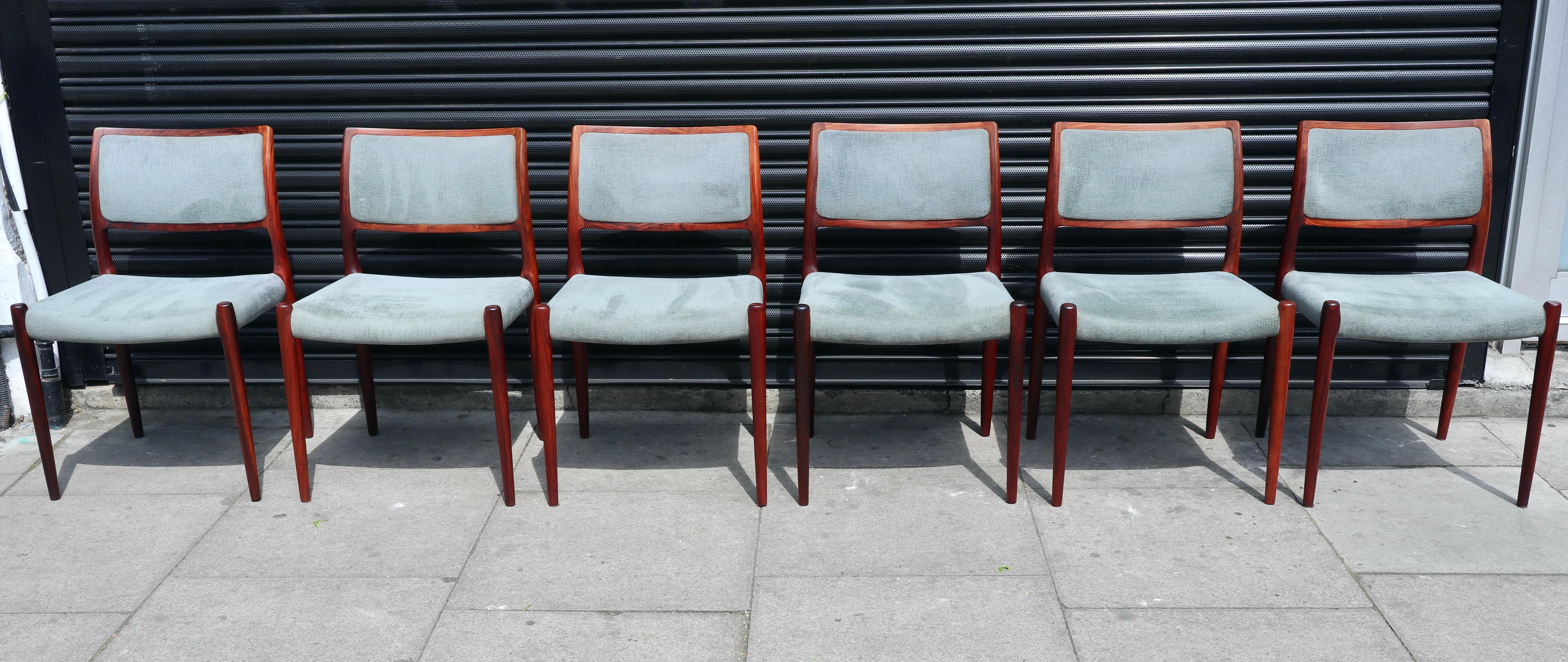 Six Rosewood Niels Moller Model 80 Chairs, with grey velour upholstery  For Sale 8