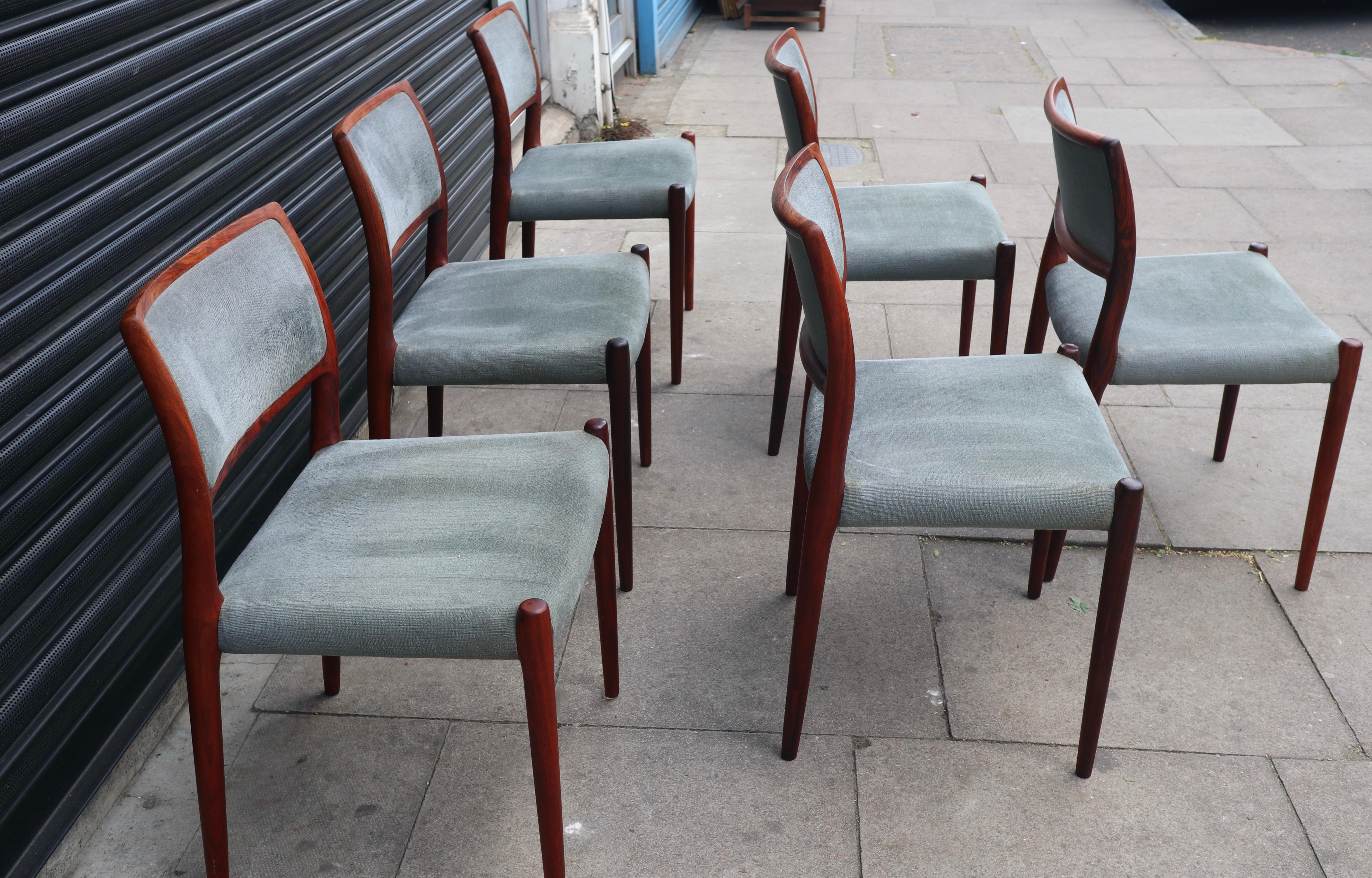 Mid-Century Modern Six Rosewood Niels Moller Model 80 Chairs, with grey velour upholstery  For Sale
