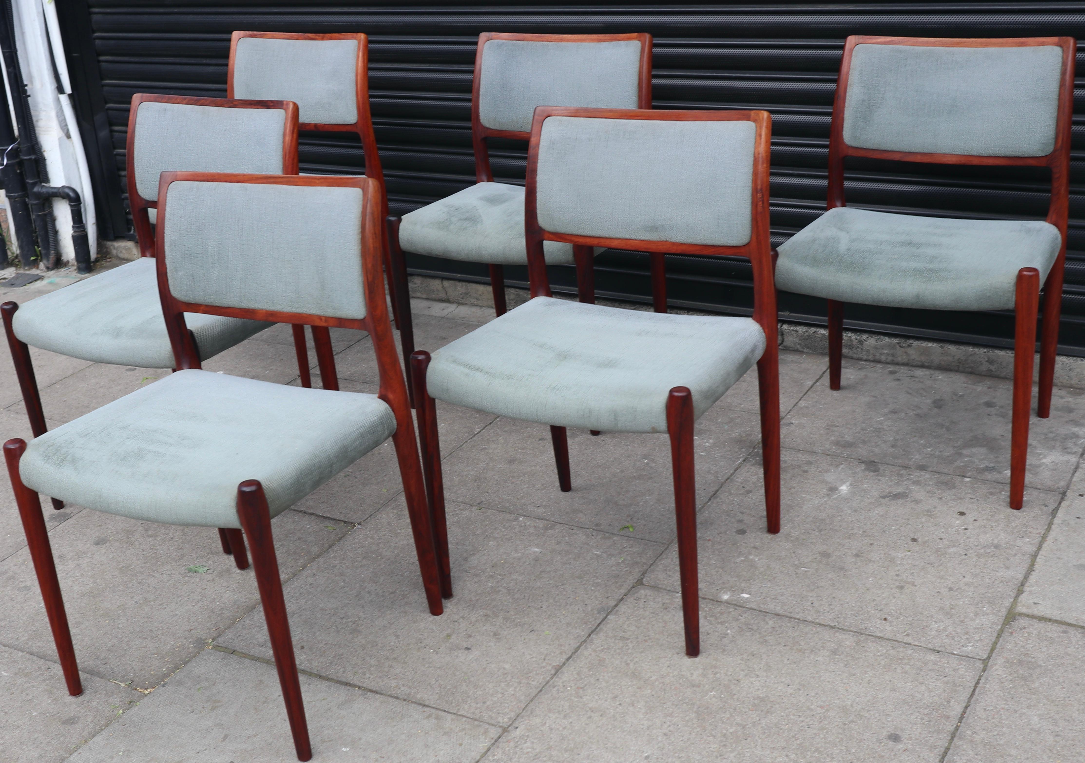20th Century Six Rosewood Niels Moller Model 80 Chairs, with grey velour upholstery  For Sale