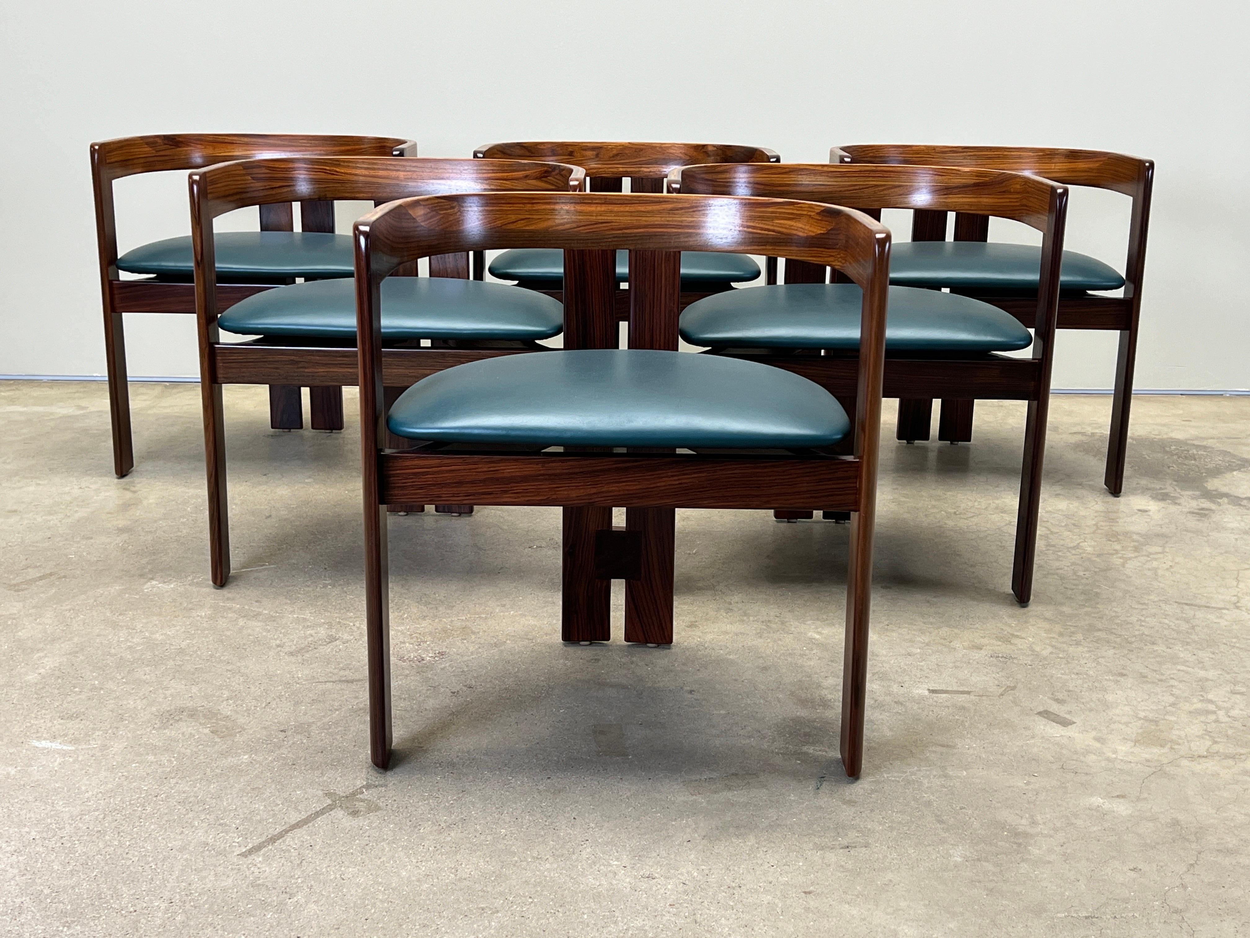 Tobia Scarpa “Pigreco” dining chairs for Gavina, Rosewood and leather, Italy, 1960, set of six. Fully restored, refinished, reupholstered. 

The larger pair of matching chairs shown in the photos available separately. 