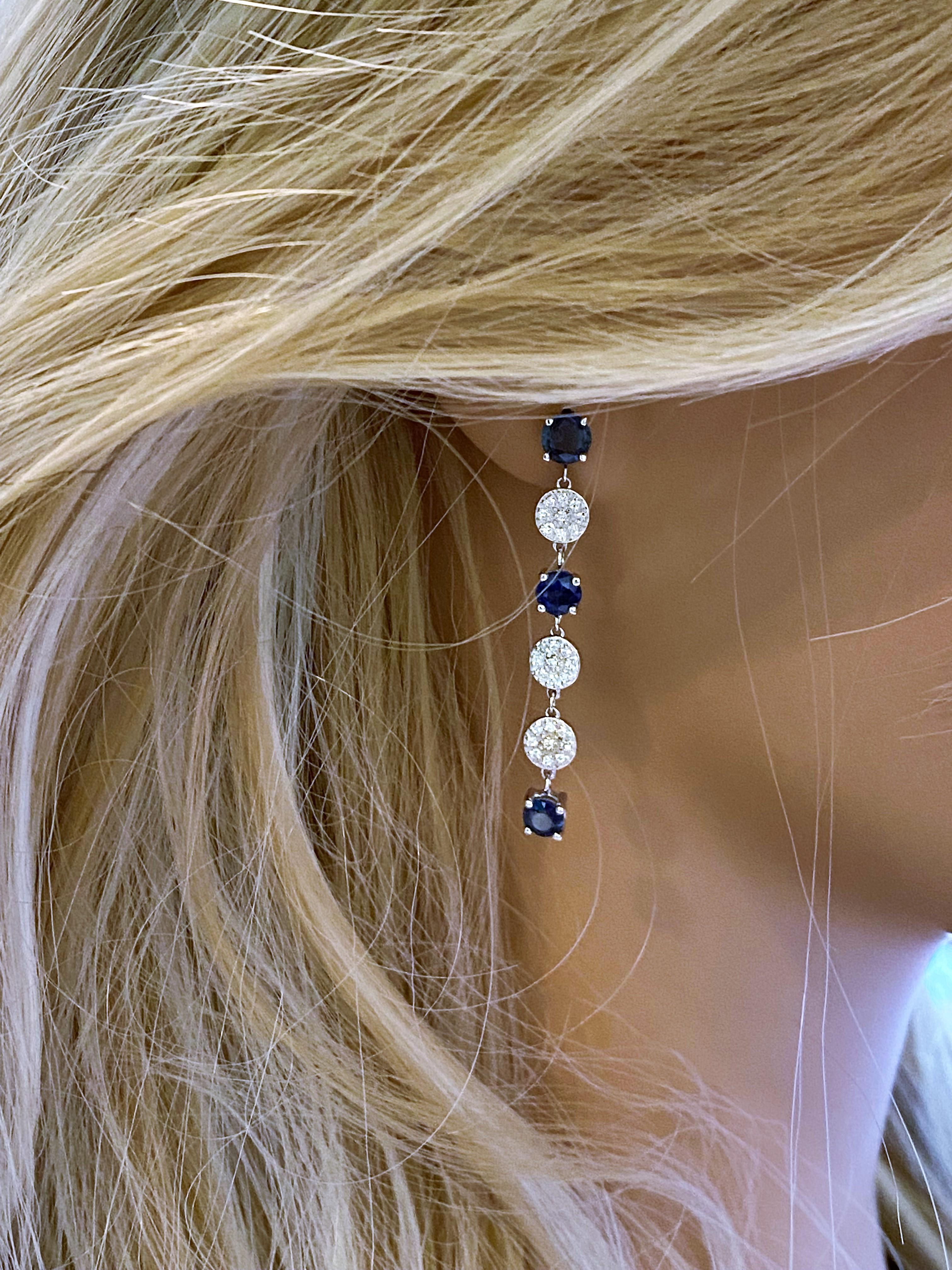 Contemporary Six Round Blue Ceylon Sapphires and Diamonds White Gold Drop Dangle Earrings