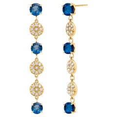Six Ceylon Sapphires Diamond 4.20 Carat Yellow Gold Drop 1.75 Inch Long Earrings