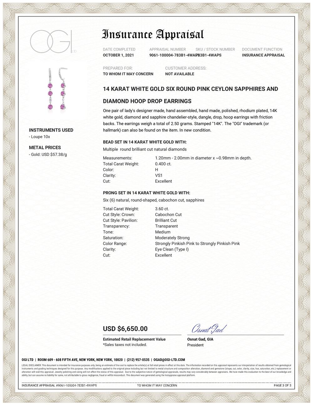 Fourteen karat white gold diamond and pink sapphire hoop earrings one inch long
Four vibrant, vivid and brilliant pink sapphire weighing 3.60 carats 
Pink sapphire tone color is taffy pink
Diamonds weighing 0.40 carat
Pink sapphires are measuring