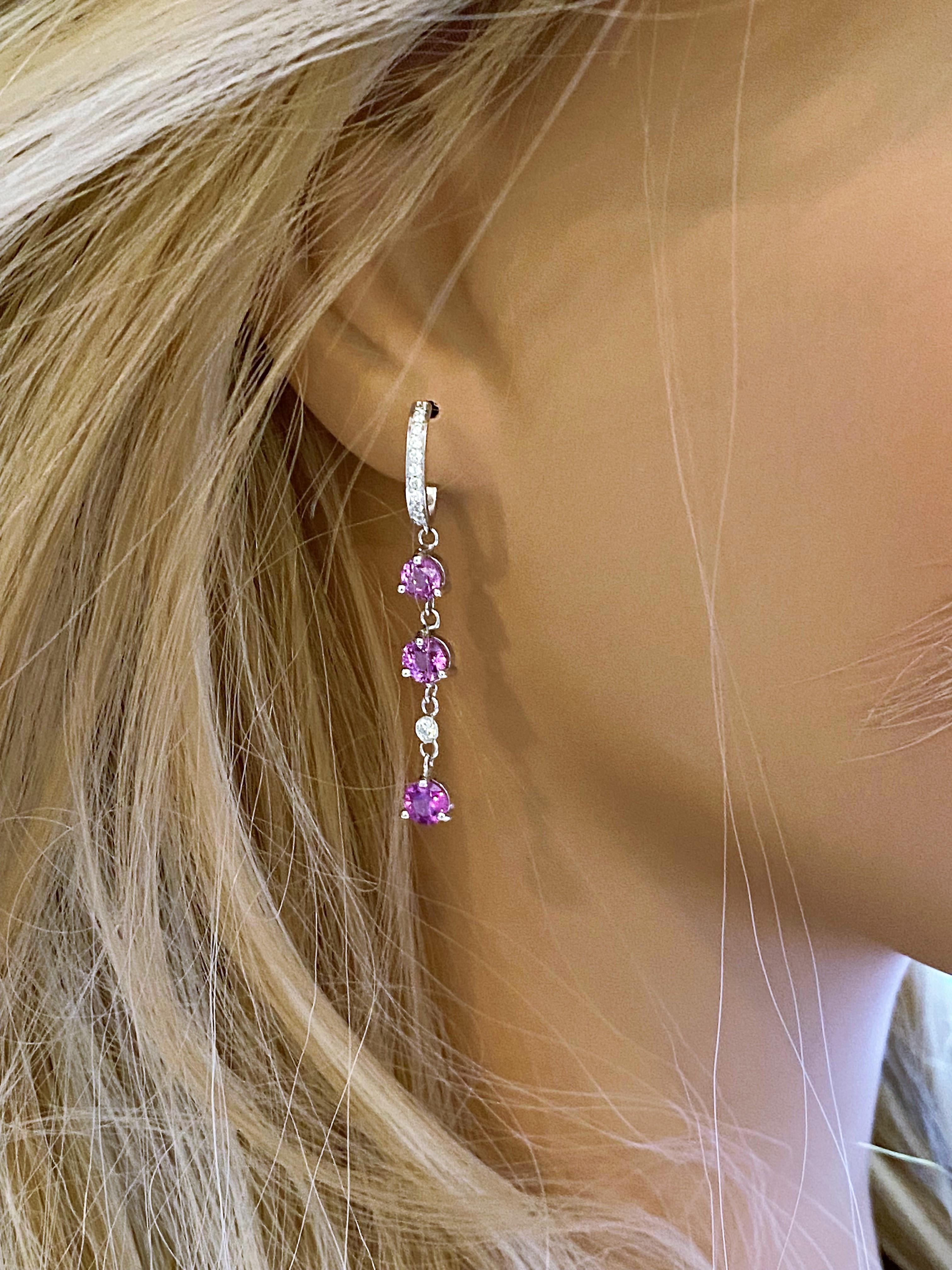 Contemporary Six Round Pink Ceylon Sapphires and Diamond White Gold Hoop Drop Earrings