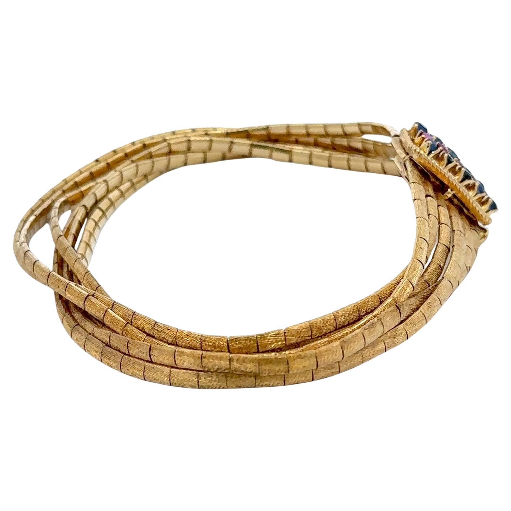 Sechsreihiges gebürstetes, mehrstrangiges Saphirarmband 18KT Gold 48,64 Gramm, gebürstet (Retro) im Angebot