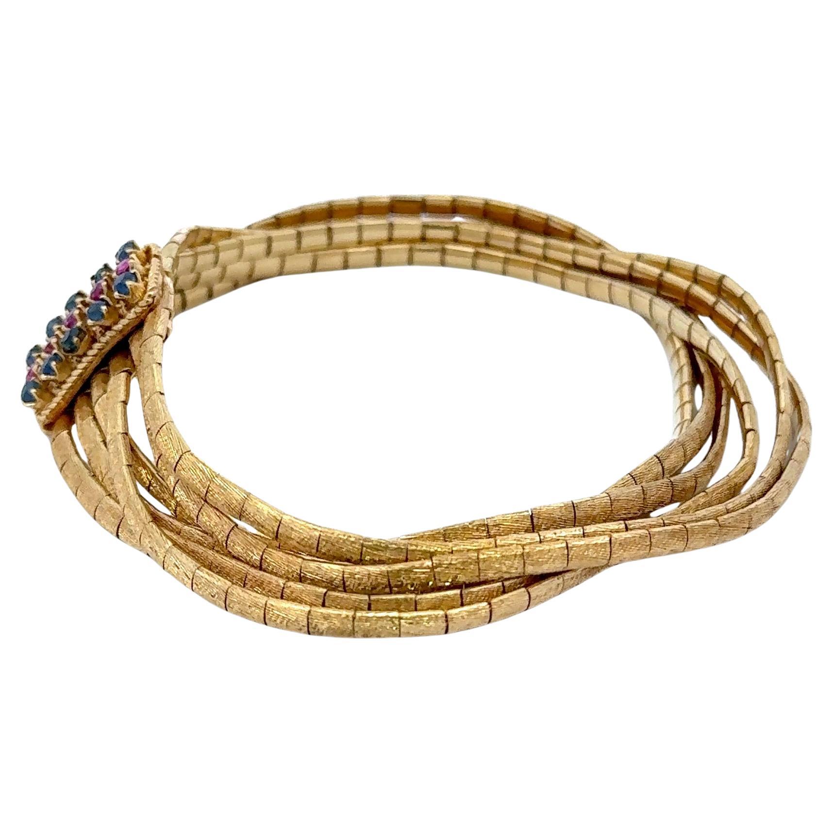 Sechsreihiges gebürstetes, mehrstrangiges Saphirarmband 18KT Gold 48,64 Gramm, gebürstet (Rundschliff) im Angebot