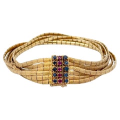 Six Row Brushed Finished Multi Strand Sapphire Bracelet 18KT Gold 48.64 Grams