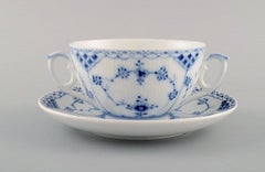 Six Royal Copenhagen Blue Fluted Half Lace Bouillon Cups with Saucers