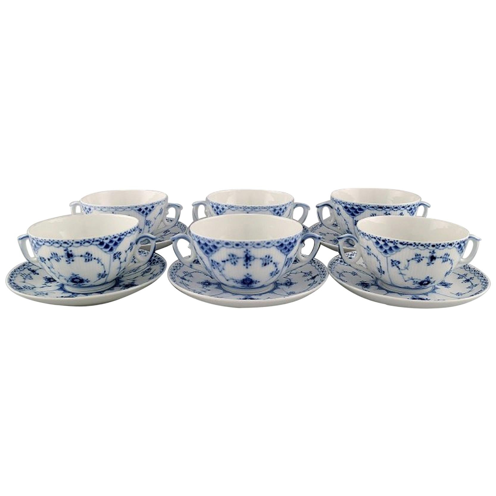 Six Royal Copenhagen Blue Fluted Half Lace Bouillon Cups with Saucers