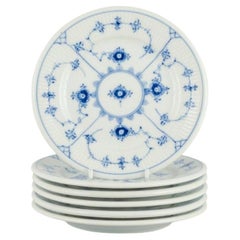 Six Royal Copenhagen Blue Fluted Plain Plates in Hand Painted Porcelain