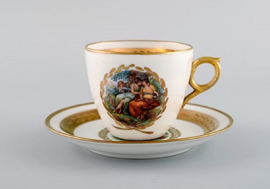 Neoclassical Six Royal Copenhagen Coffee Cups with Saucers in Porcelain with Romantic Scenes