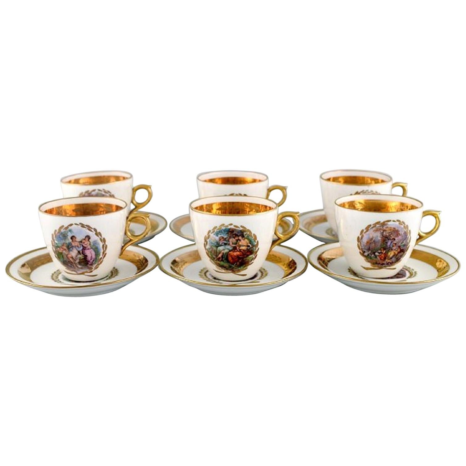 Six Royal Copenhagen Coffee Cups with Saucers in Porcelain with Romantic Scenes