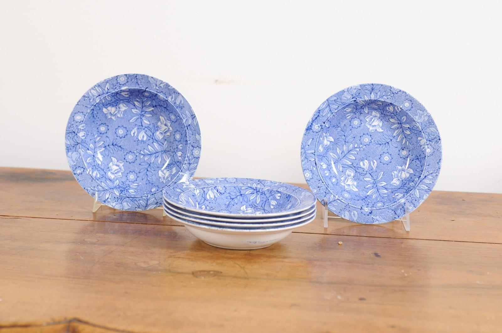 Six Royal Tudor Ware 1890s Blue and White Porcelain Bowls with Floral Pattern 3