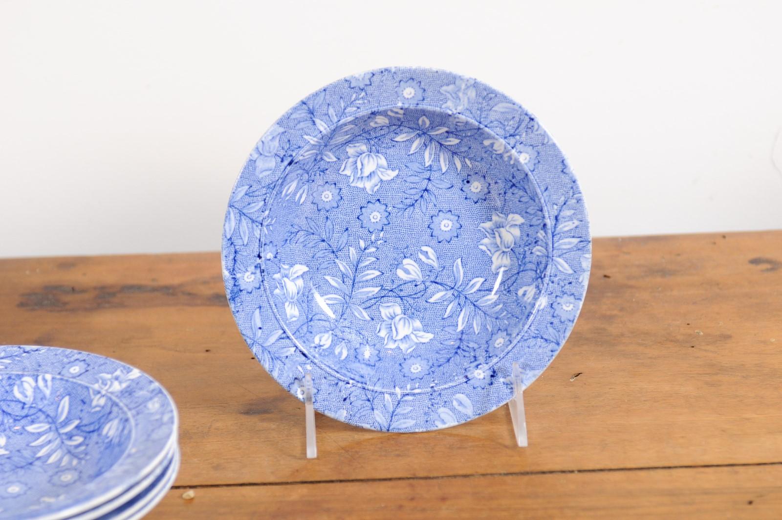 English Six Royal Tudor Ware 1890s Blue and White Porcelain Bowls with Floral Pattern