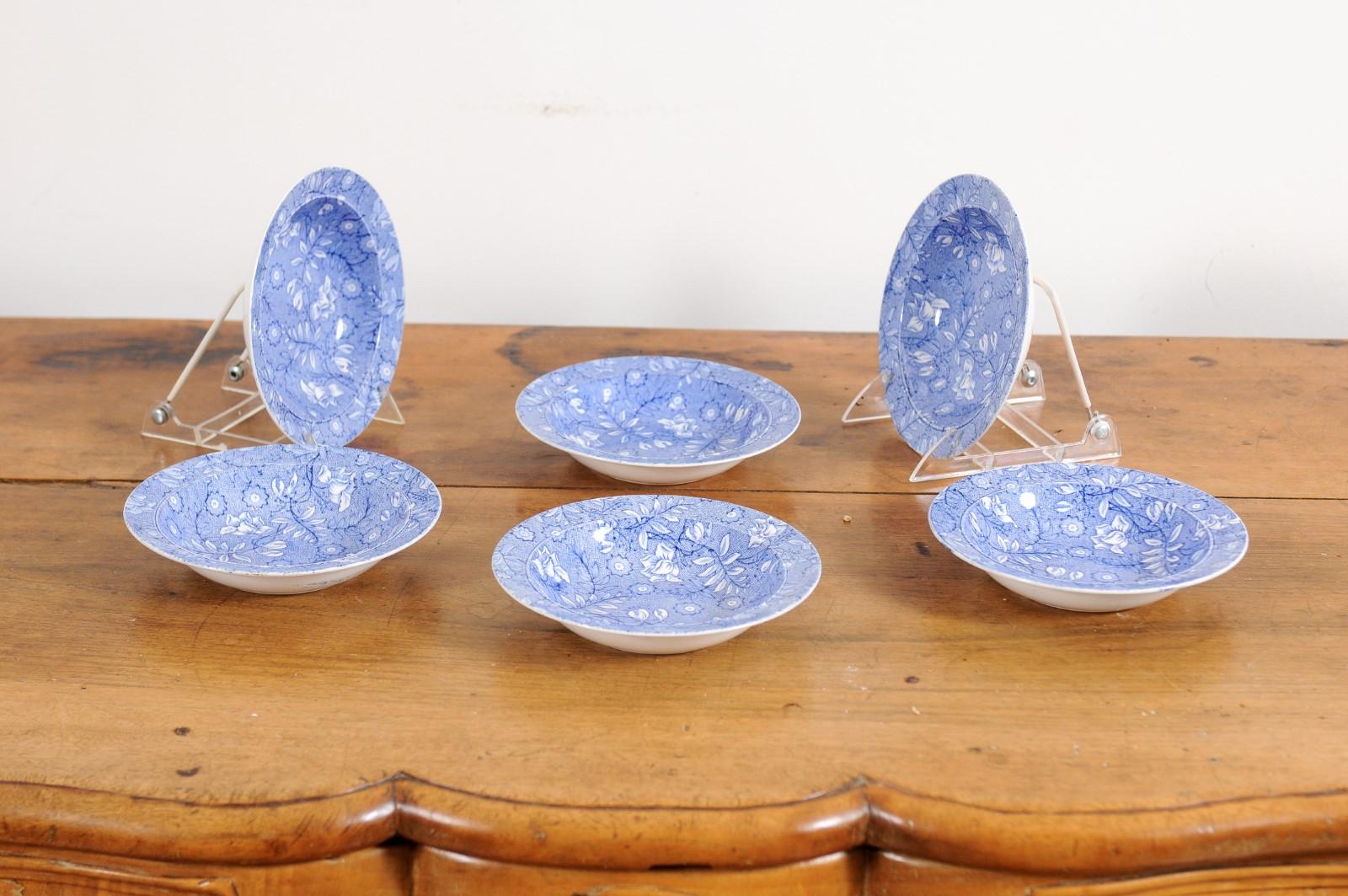 Six Royal Tudor Ware 1890s Blue and White Porcelain Bowls with Floral Pattern In Good Condition In Atlanta, GA