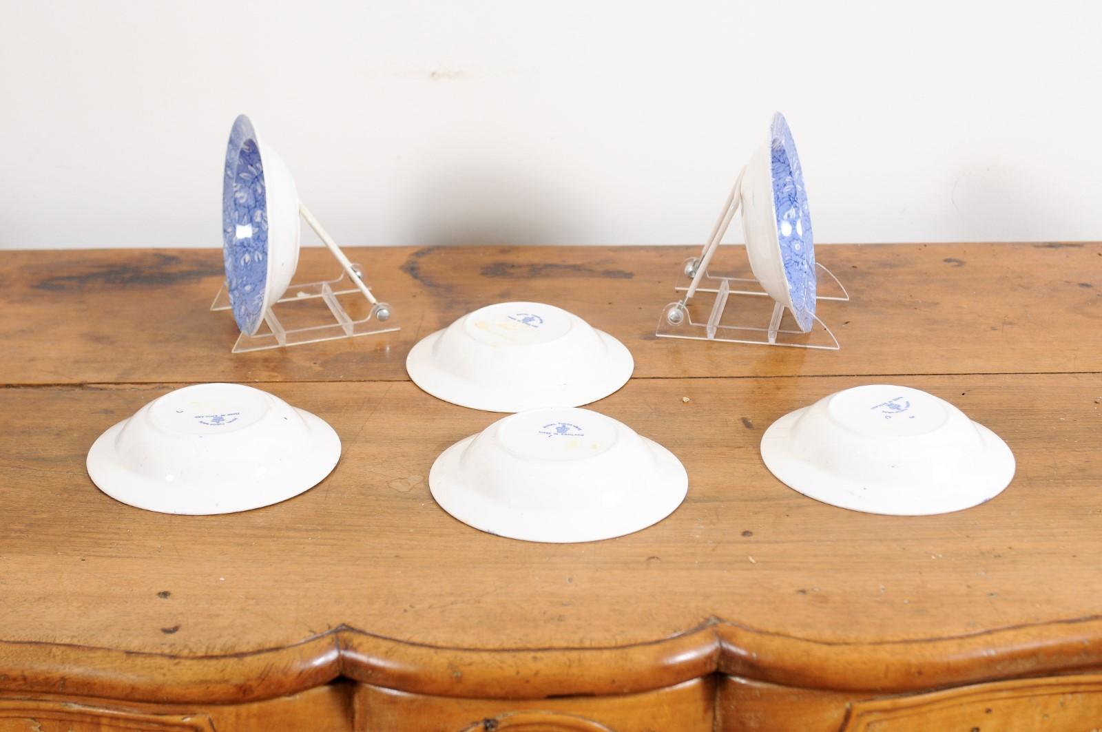 19th Century Six Royal Tudor Ware 1890s Blue and White Porcelain Bowls with Floral Pattern