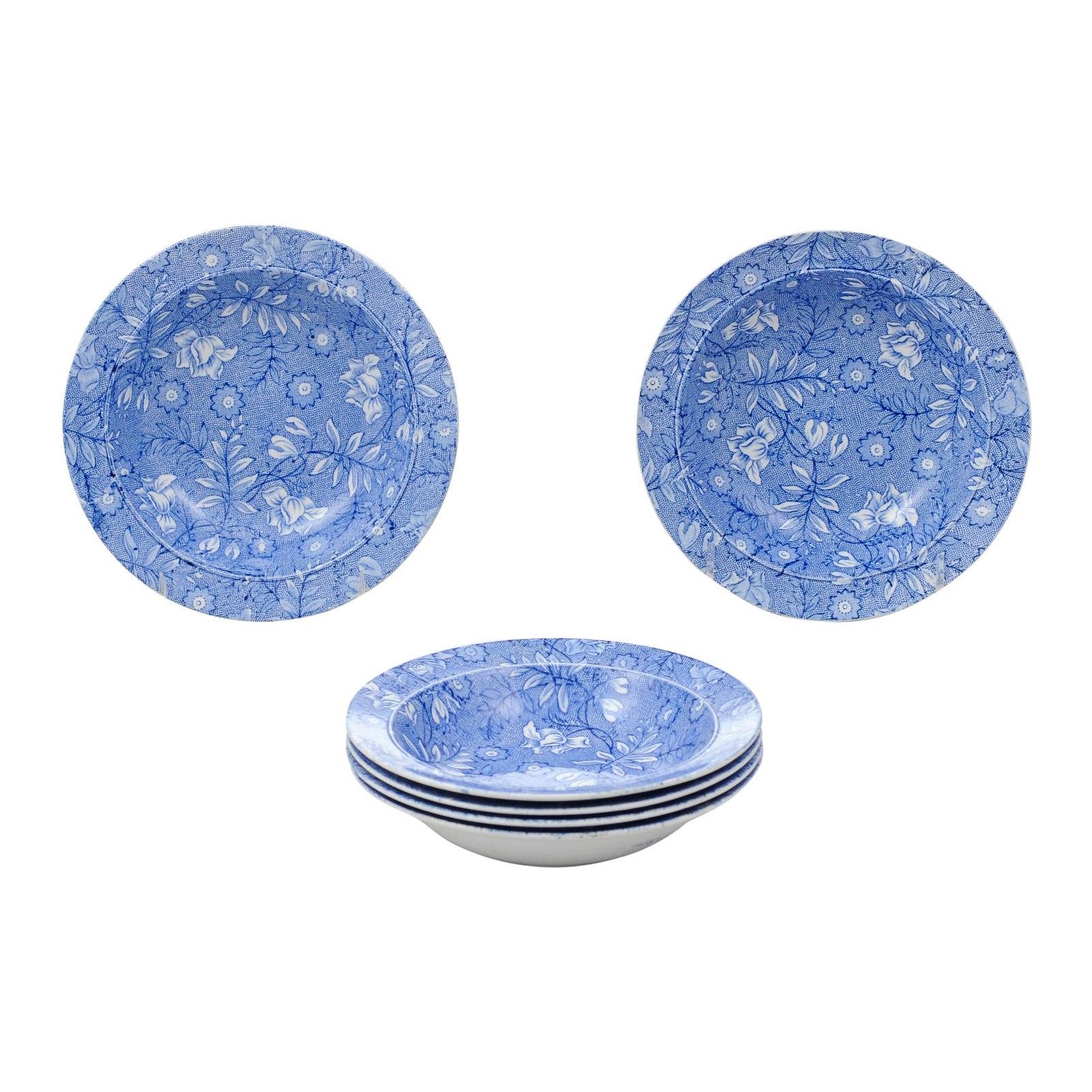 Six Royal Tudor Ware 1890s Blue and White Porcelain Bowls with Floral Pattern