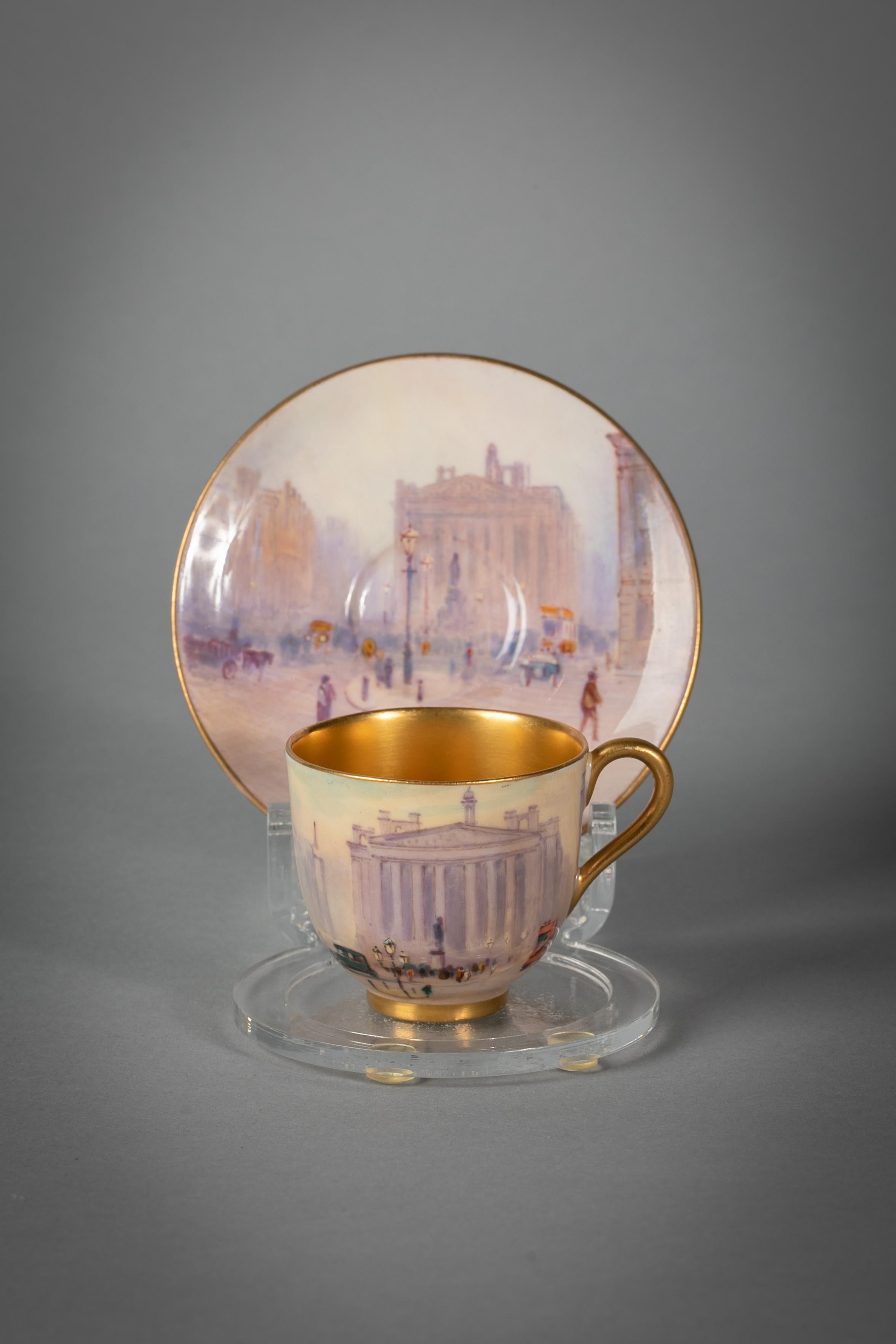 English Six Royal Worcester Coffee Cups and Saucers, Harry Davis, circa 1920 For Sale