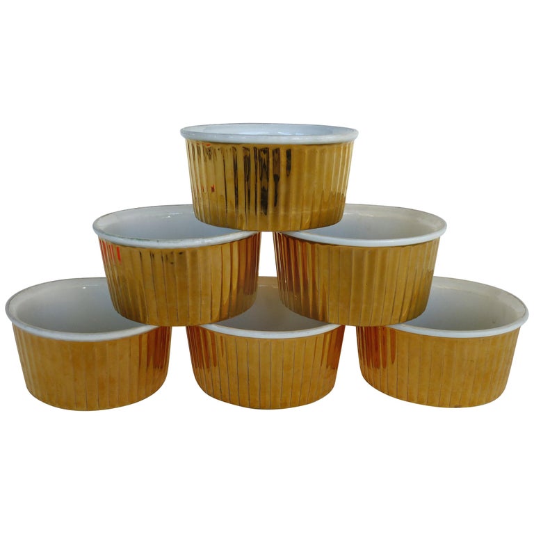 Six Royal Worcester Oven Proof Fluted Gold Luster Custard Ramkins ...