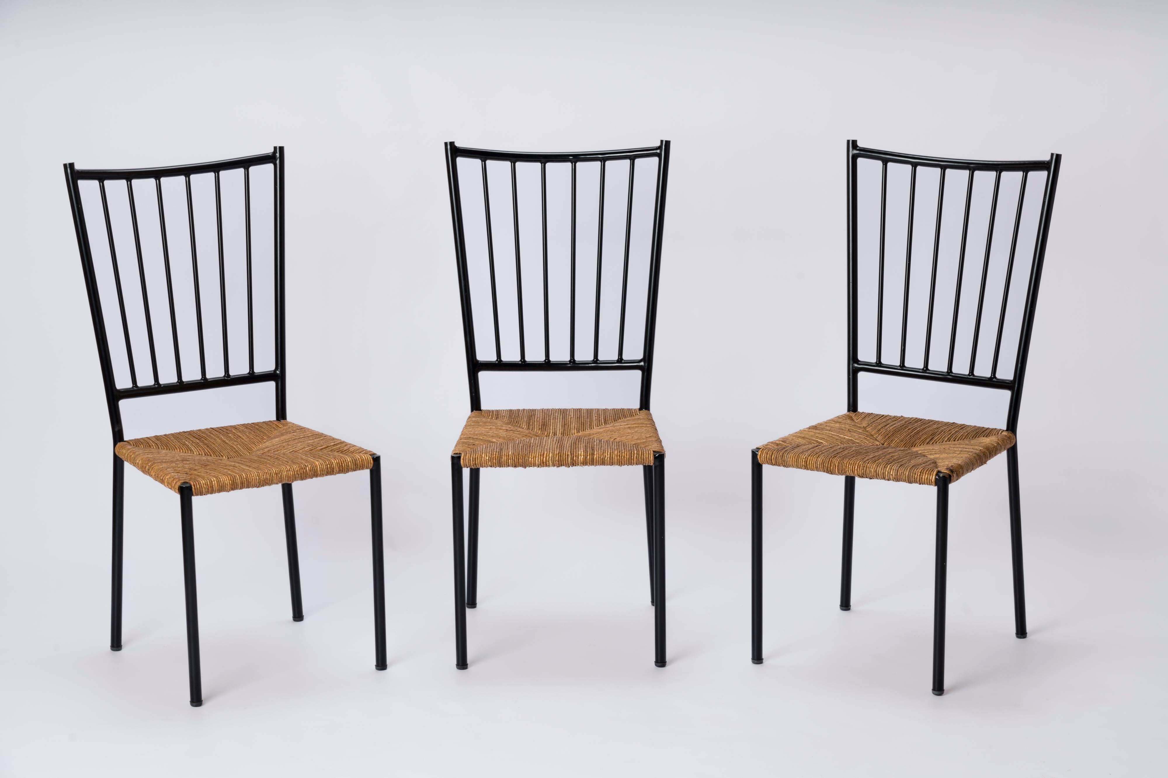 Six chaises en jonc et acier laqué de Colette Gueden, France, années 1950 Bon état - En vente à New York, NY