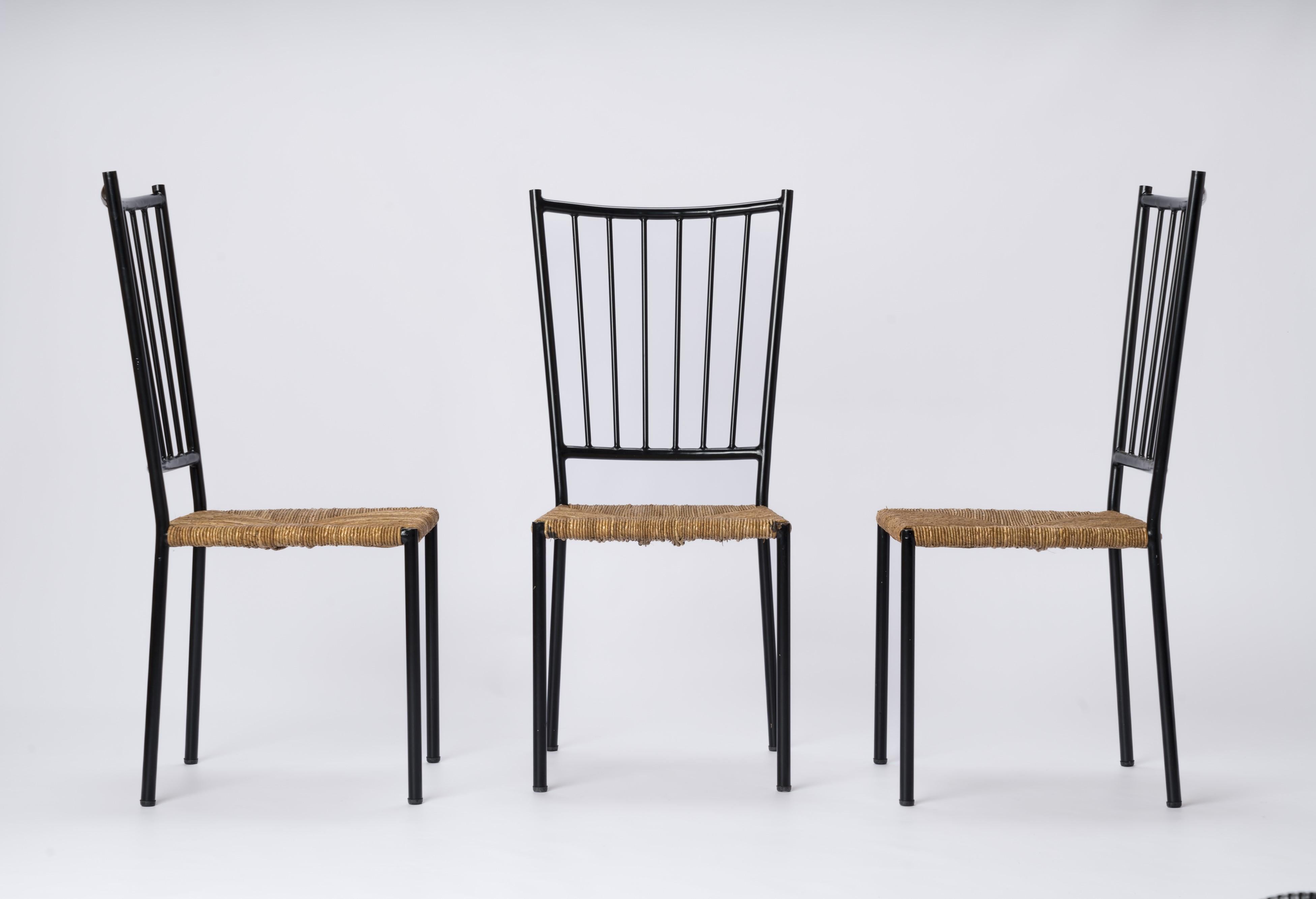 Six chaises en jonc et acier laqué de Colette Gueden, France, années 1950 en vente 1