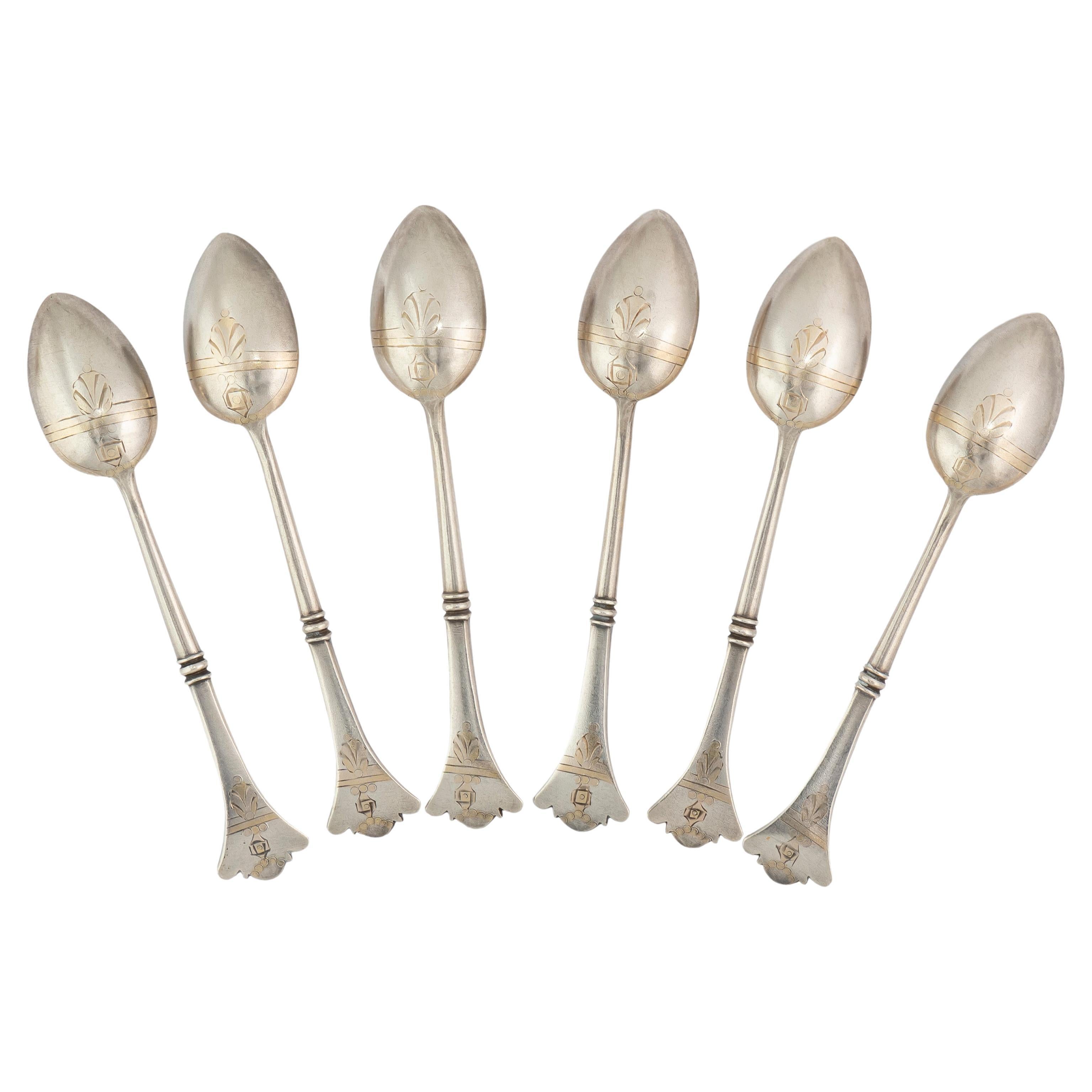 Six Russian Parcel-gilt Silver Demi tasse Spoons, Moscow, circa 1900 For Sale