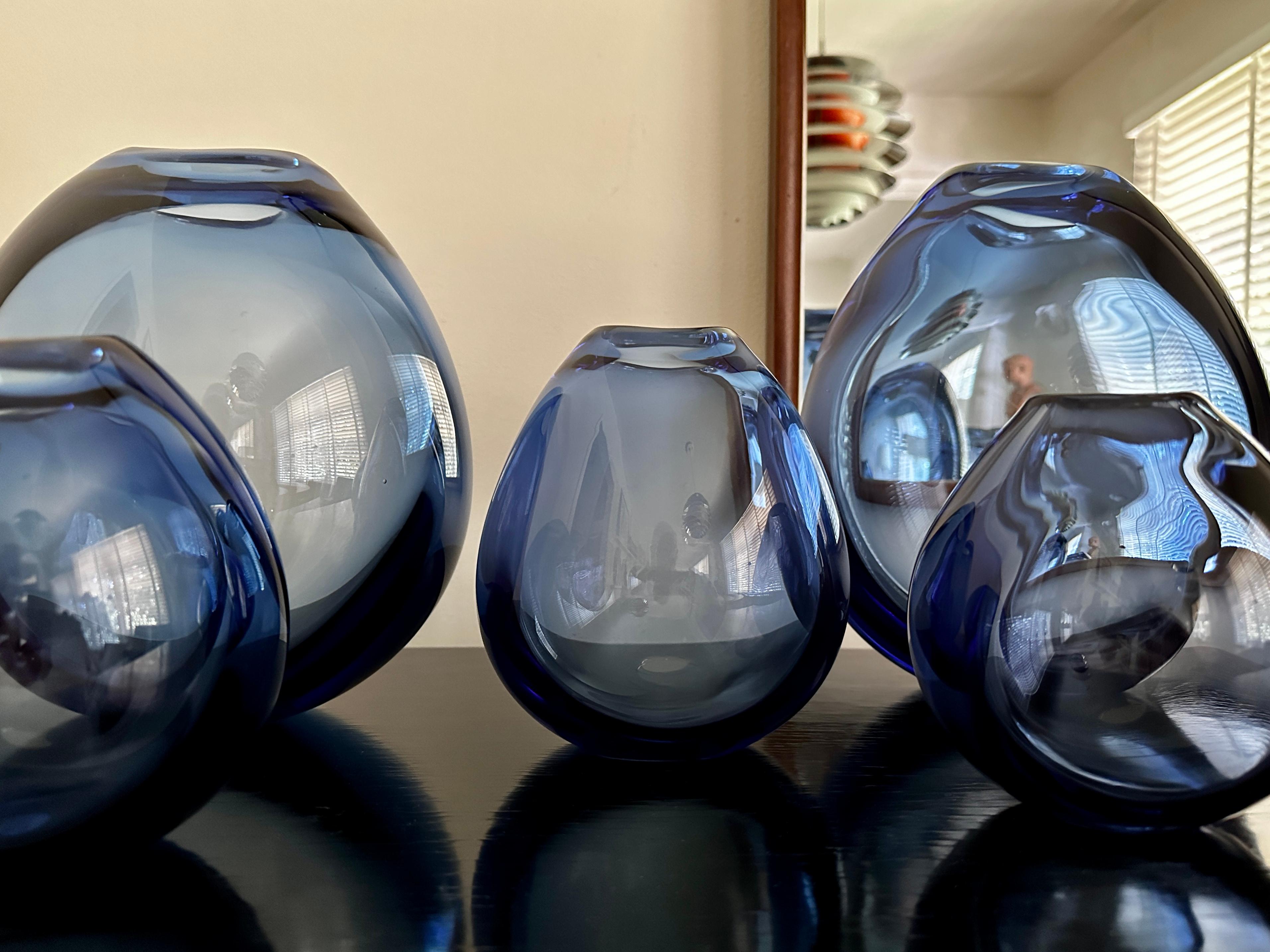 Hand-Crafted Six Sapphire Blue Per Lütken Designed Drop Vases From Holmegaard For Sale