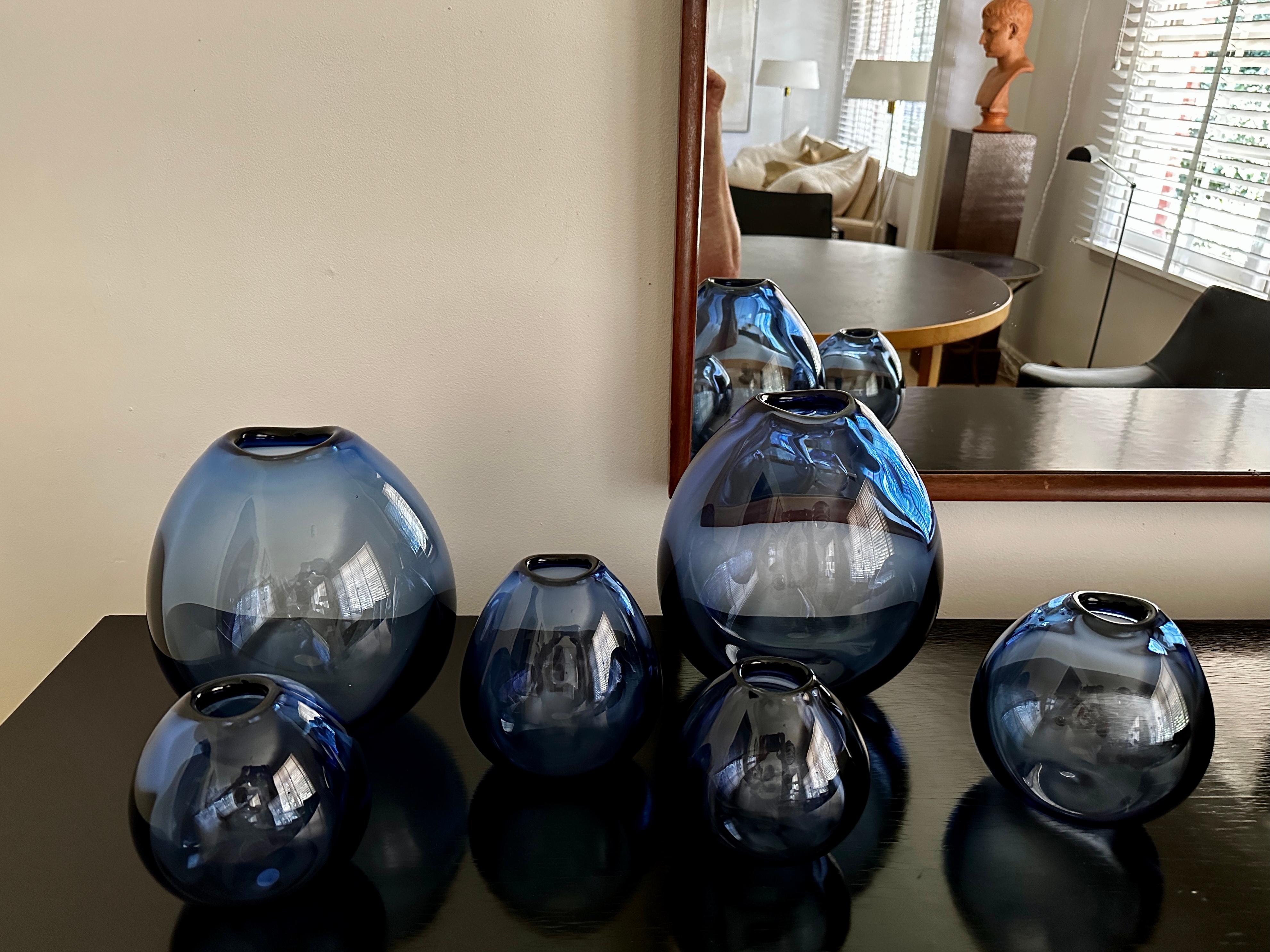 Blown Glass Six Sapphire Blue Per Lütken Designed Drop Vases From Holmegaard