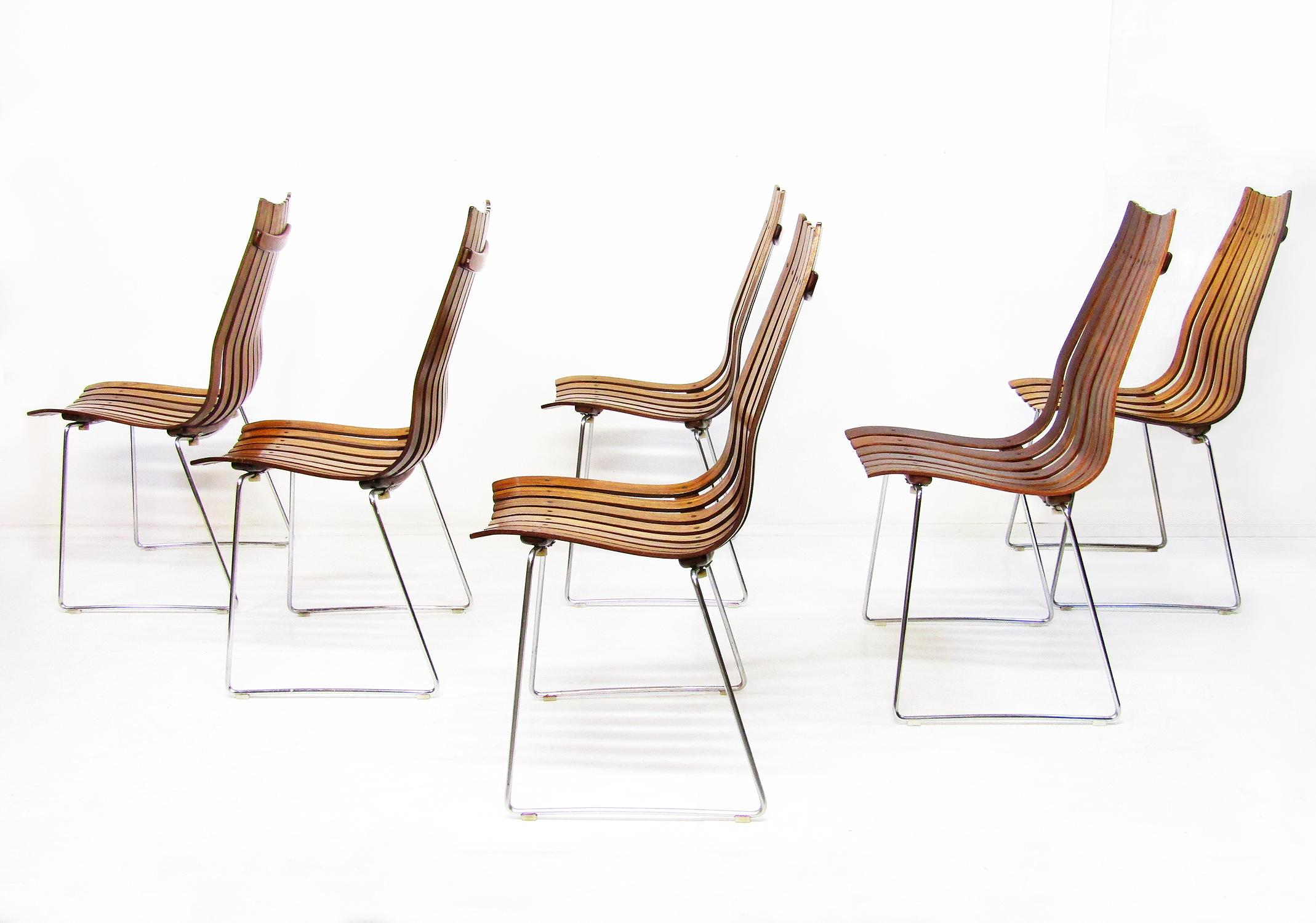 Chrome Set of Six Norwegian Scandia Dining Chairs in Rio Rosewood by Hans Brattrud