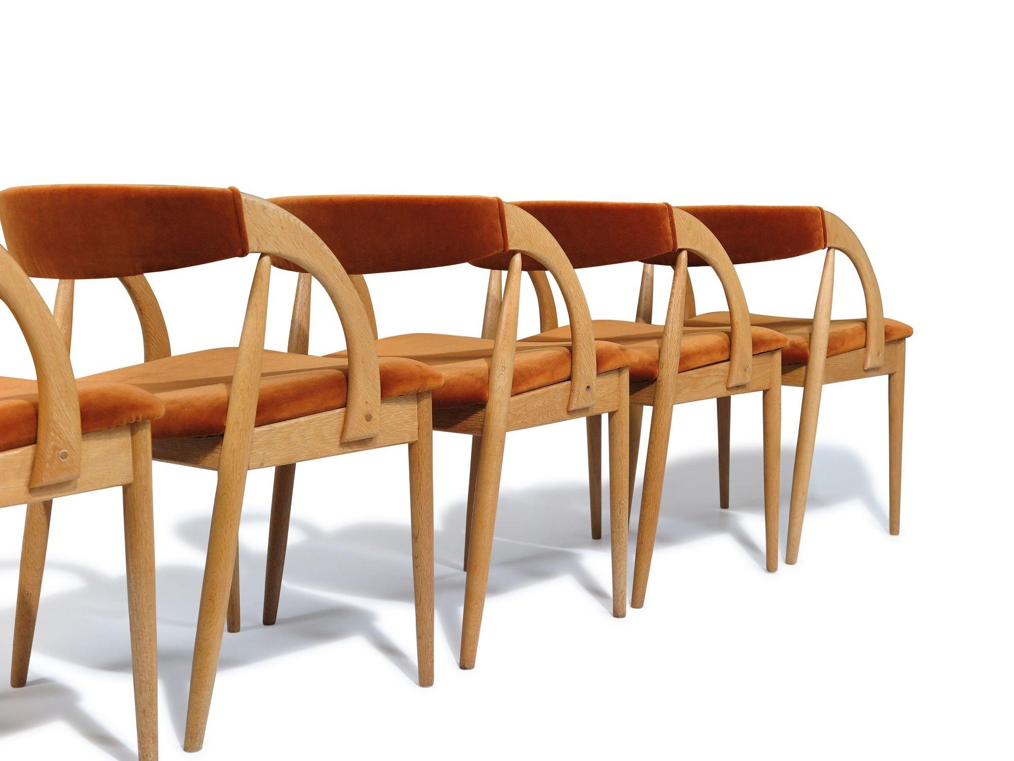 Six Scandinavian White Oak Dining Chairs Upholstered in Orange Velvet For Sale 6