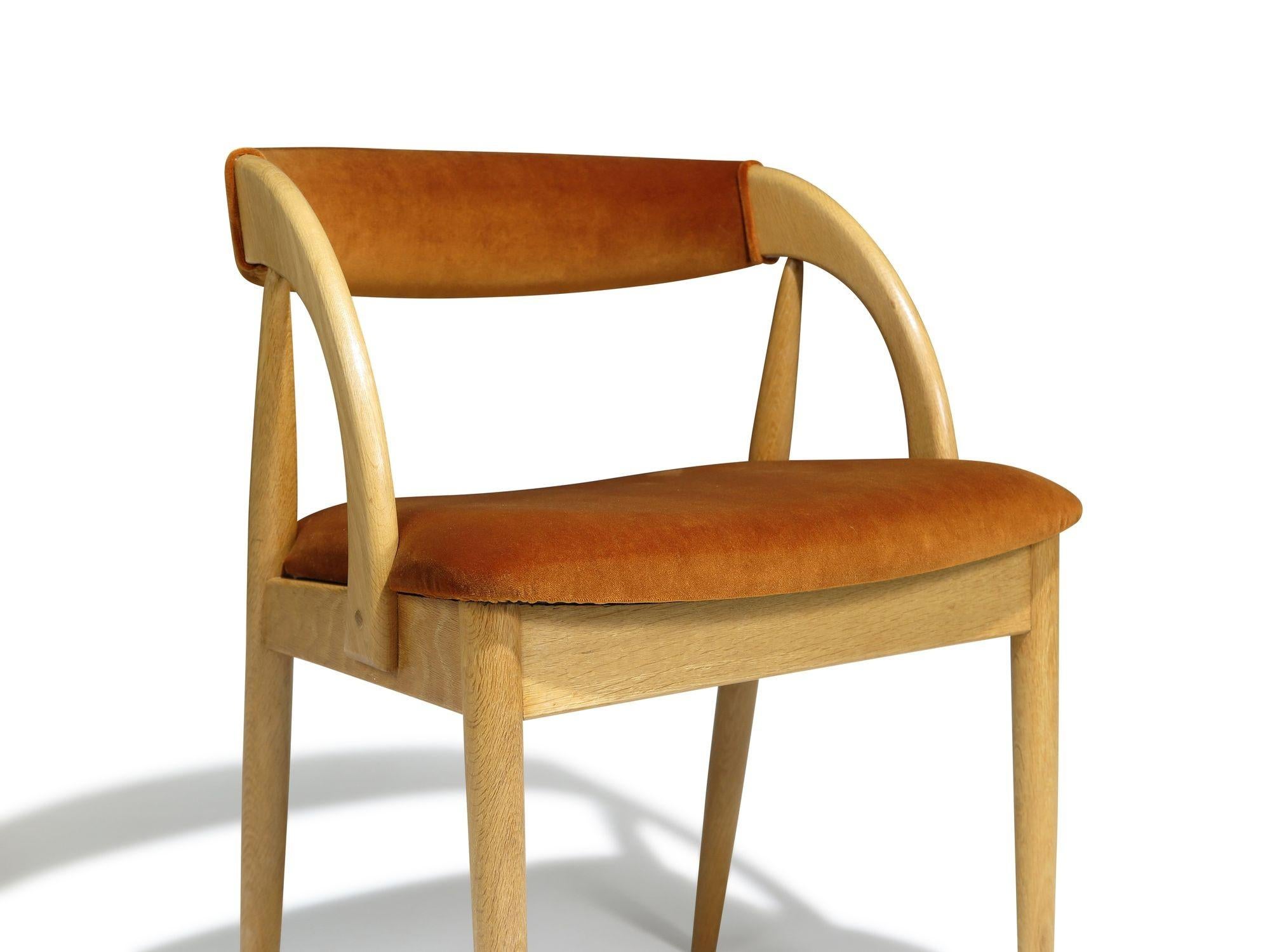 Scandinavian Modern Six Scandinavian White Oak Dining Chairs Upholstered in Orange Velvet For Sale
