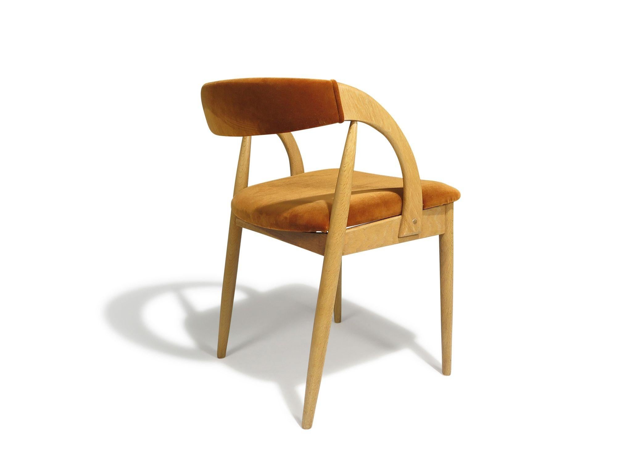 Six Scandinavian White Oak Dining Chairs Upholstered in Orange Velvet In Excellent Condition For Sale In Oakland, CA