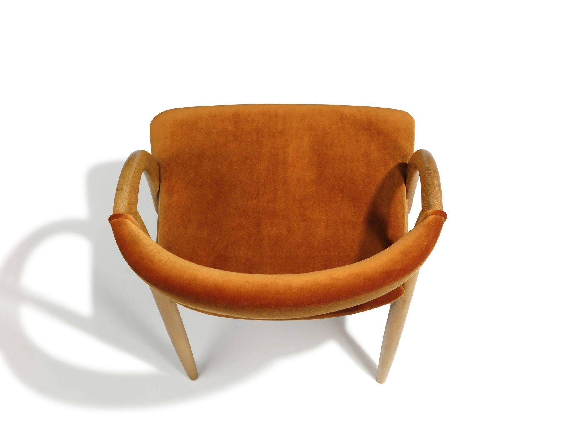 Six Scandinavian White Oak Dining Chairs Upholstered in Orange Velvet For Sale 1