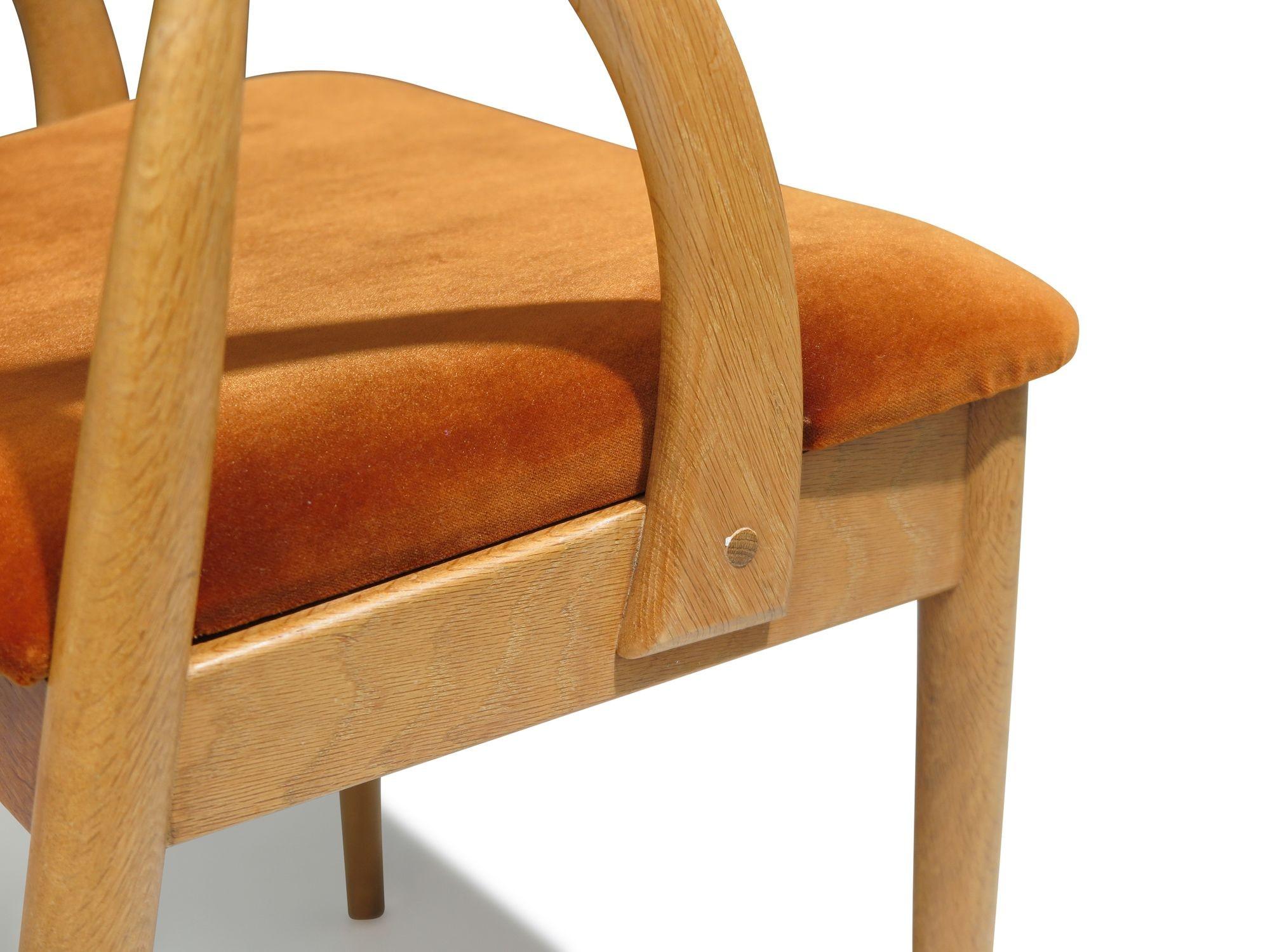 Six Scandinavian White Oak Dining Chairs Upholstered in Orange Velvet For Sale 2