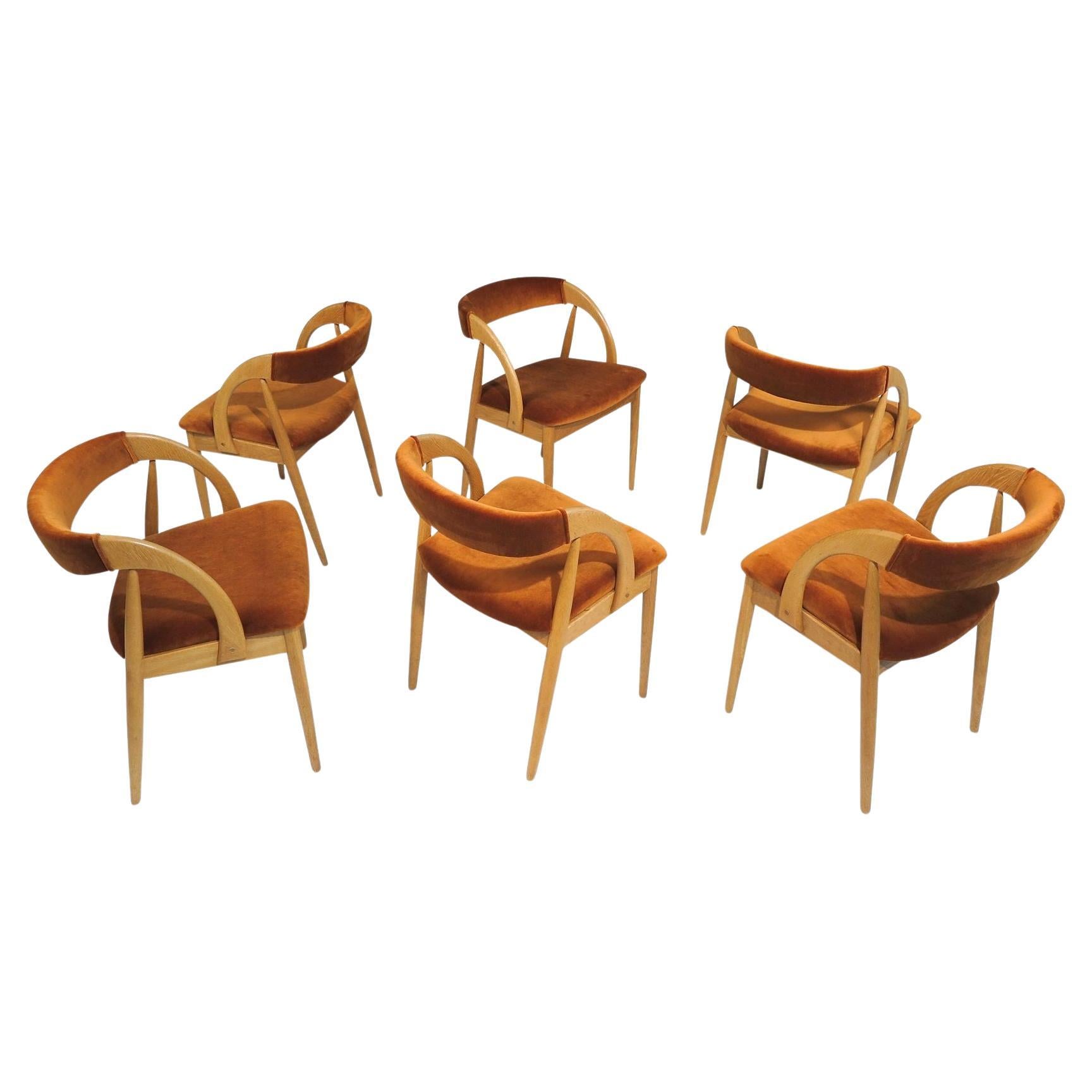Six Scandinavian White Oak Dining Chairs Upholstered in Orange Velvet For Sale