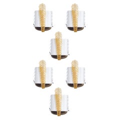 Vintage Six Sconces in Blown Murano Glass White Amber Brass Giovanni Dalla Fina, 1980s