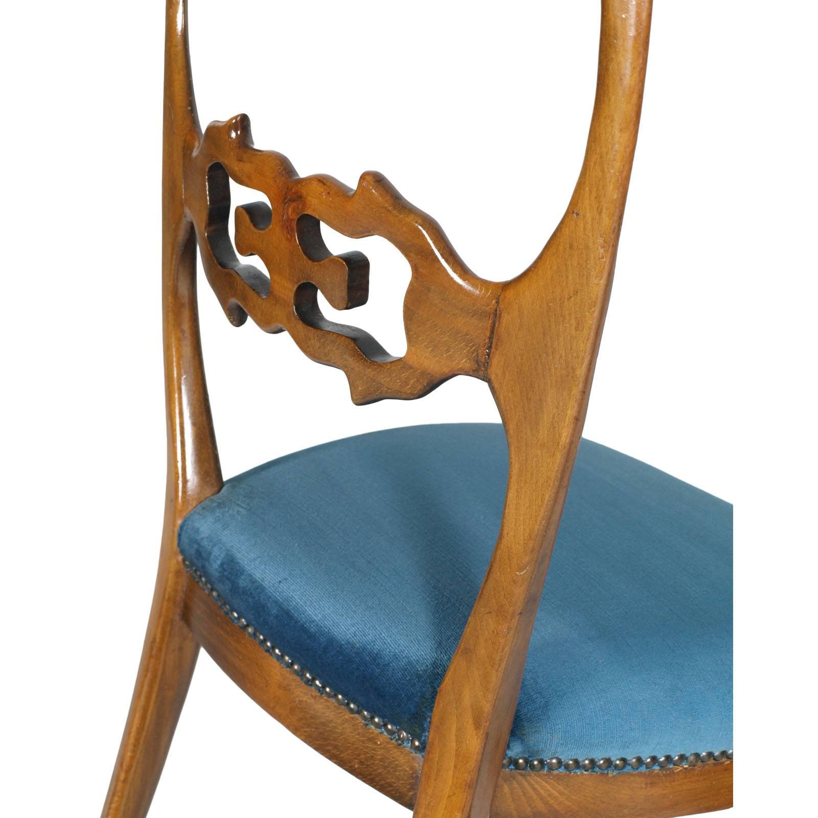 Six Sculptural Dining Chairs, Paolo Buffa Attributed Restored, Original Velvet In Good Condition For Sale In Vigonza, Padua