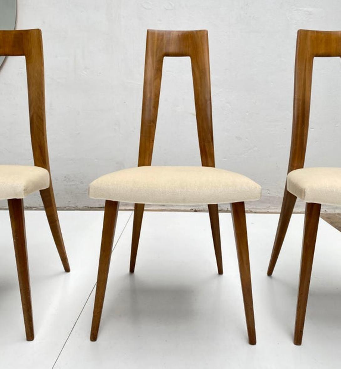 Six Sculptural Form 'Turin School' Walnut & Mohair Dining Chairs, Italy, 1940's 3